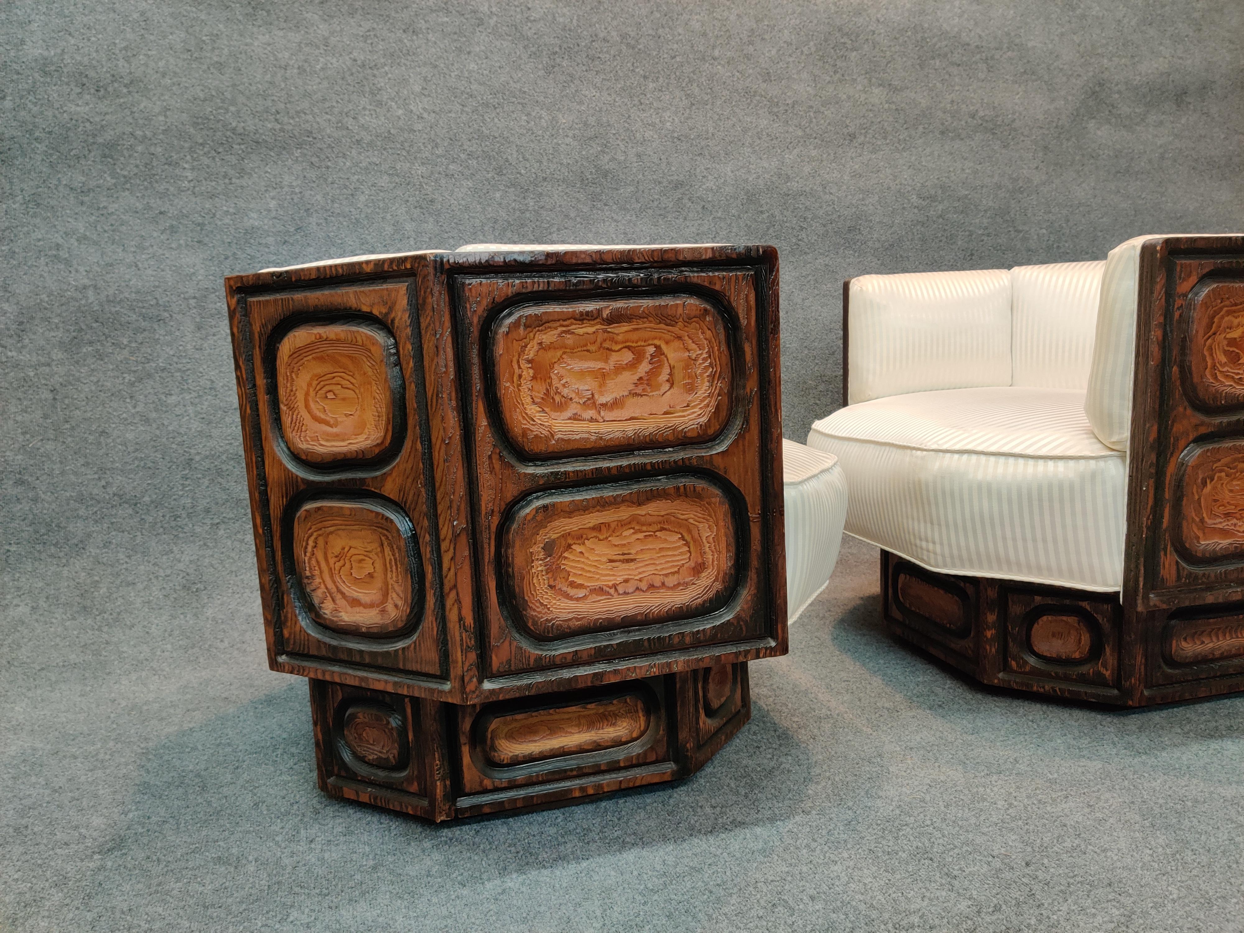 Witco Pair of Brutalist Carved Wood Lounge Chairs, Geometric Form, Swivel Bases 5