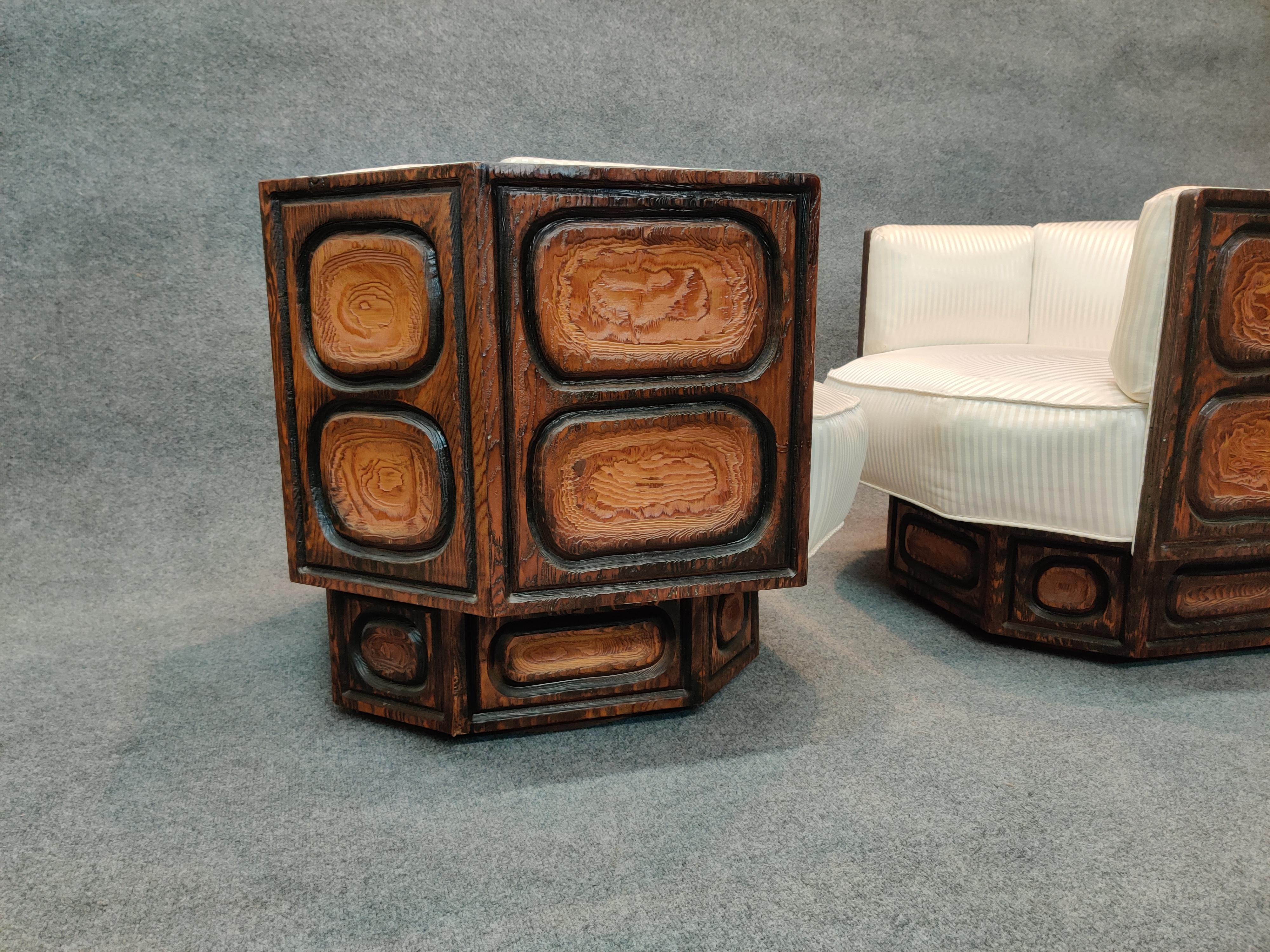 Witco Pair of Brutalist Carved Wood Lounge Chairs, Geometric Form, Swivel Bases 6