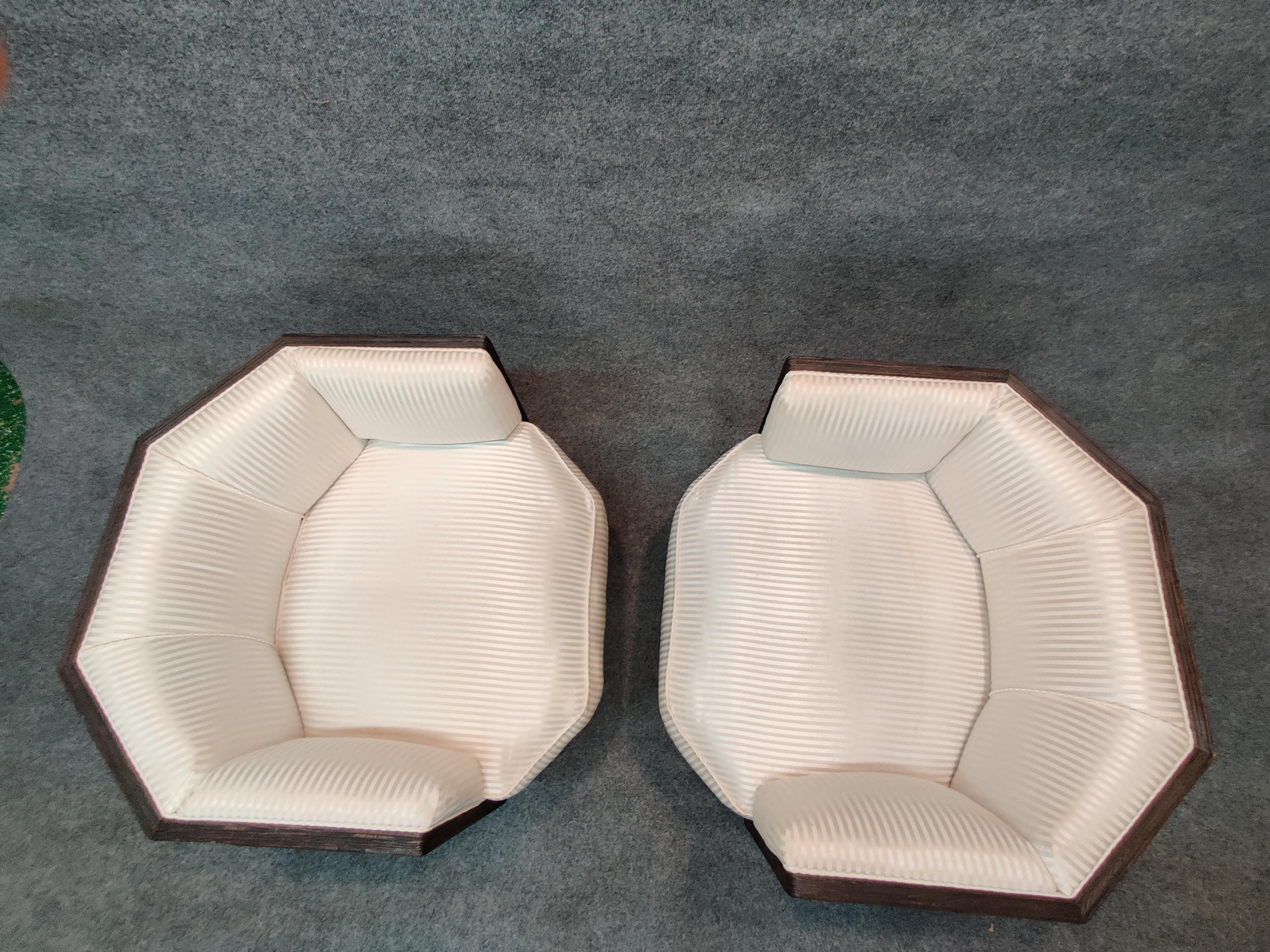 Witco Pair of Brutalist Carved Wood Lounge Chairs, Geometric Form, Swivel Bases 7