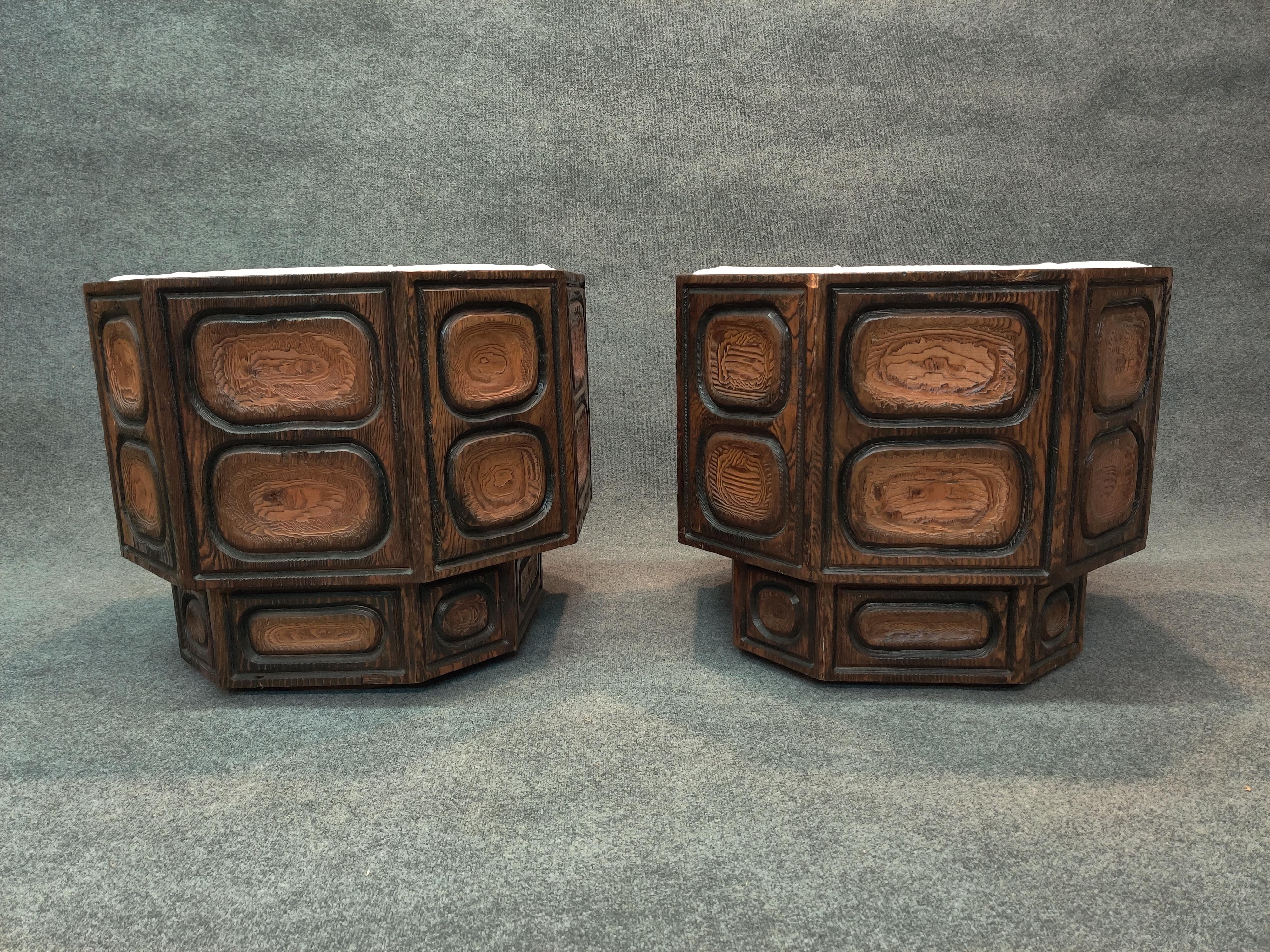Witco Pair of Brutalist Carved Wood Lounge Chairs, Geometric Form, Swivel Bases 8