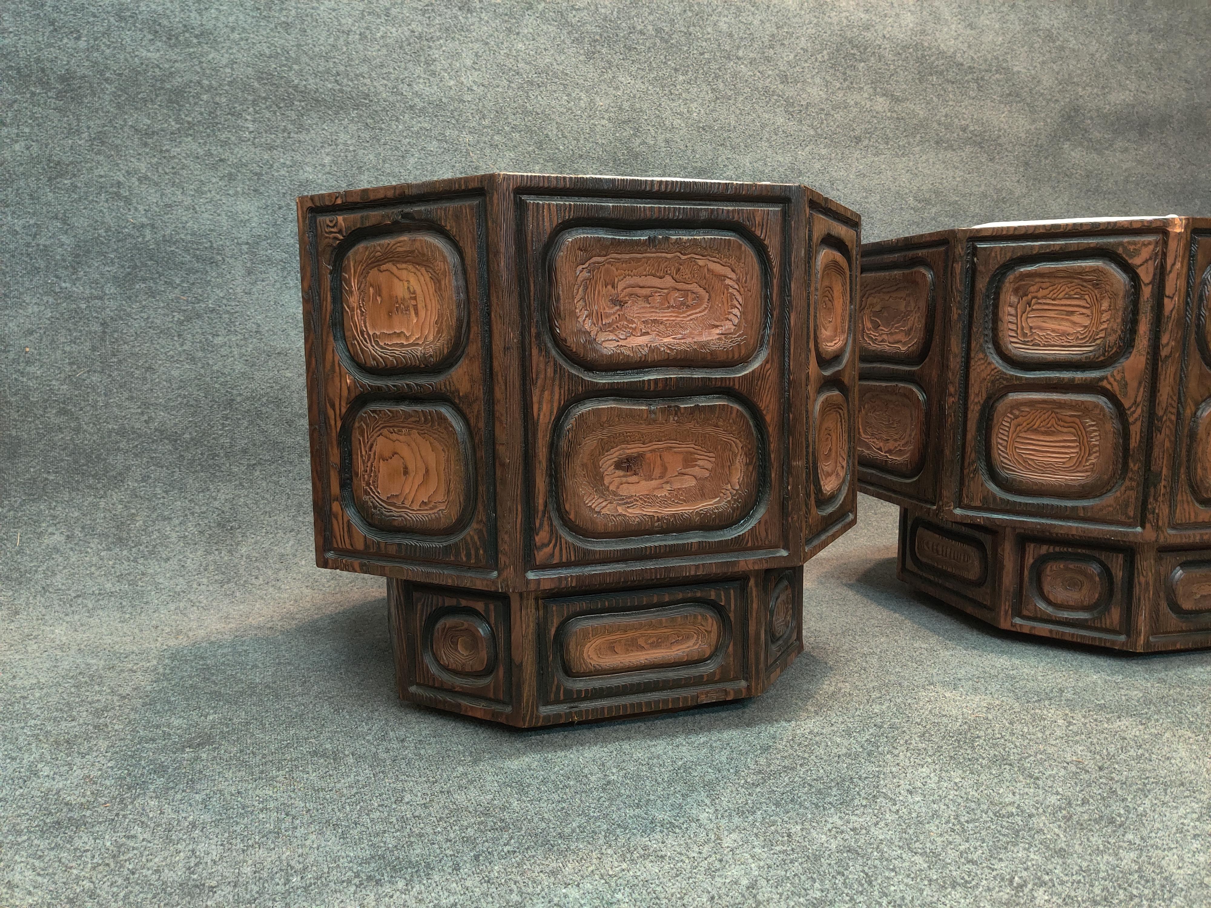Witco Pair of Brutalist Carved Wood Lounge Chairs, Geometric Form, Swivel Bases 9