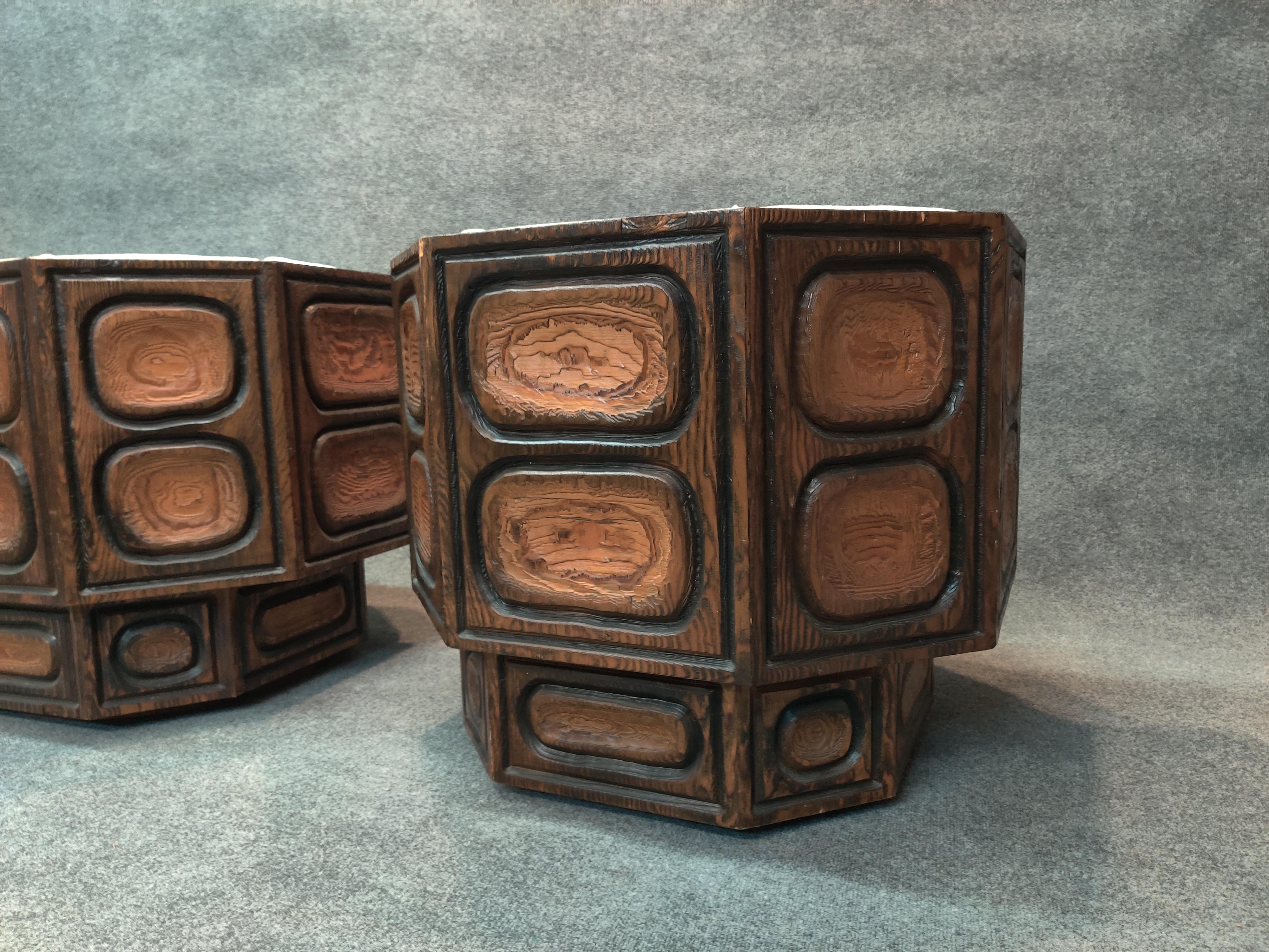 Witco Pair of Brutalist Carved Wood Lounge Chairs, Geometric Form, Swivel Bases 10