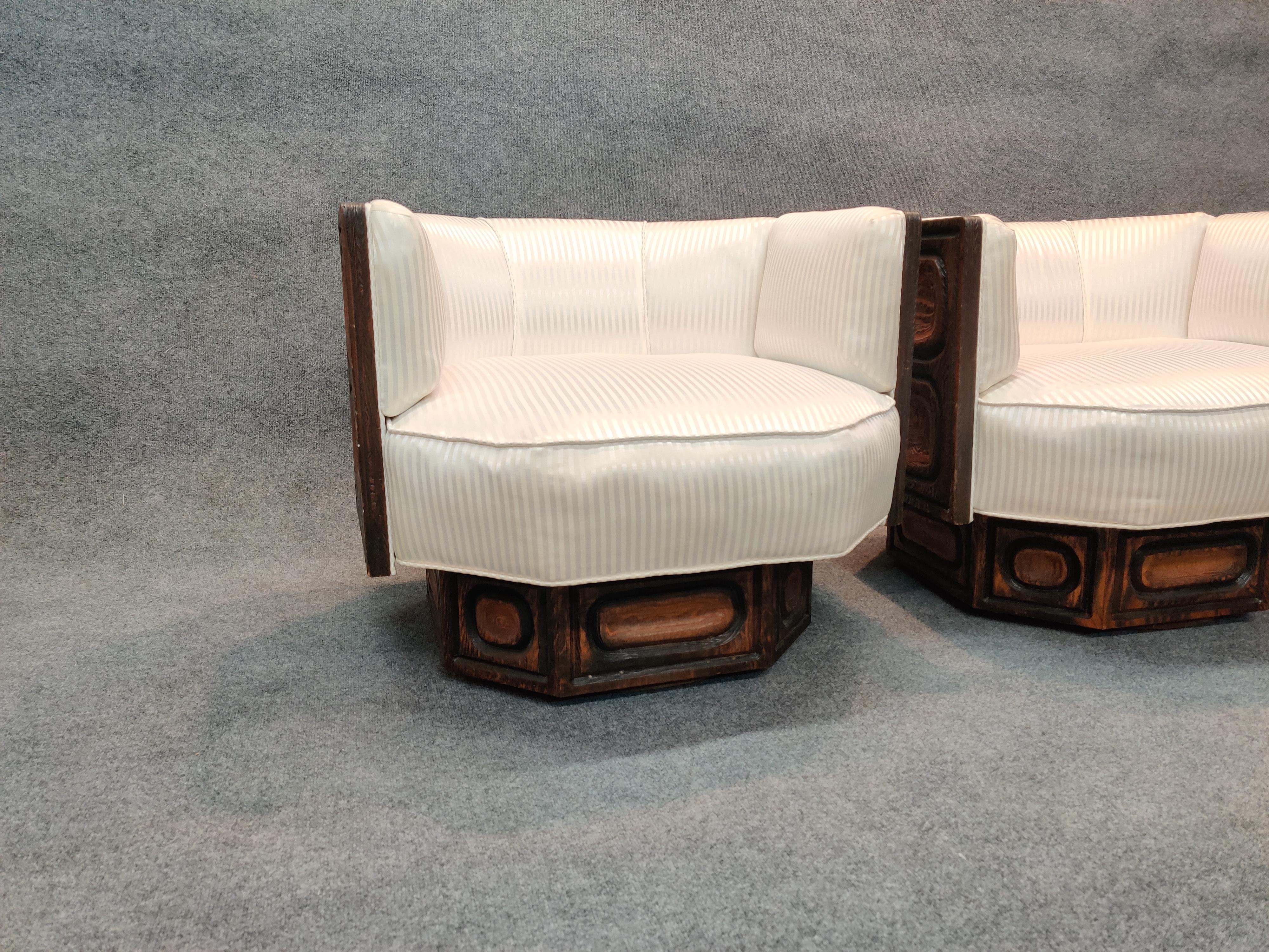 Mid-Century Modern Witco Pair of Brutalist Carved Wood Lounge Chairs, Geometric Form, Swivel Bases