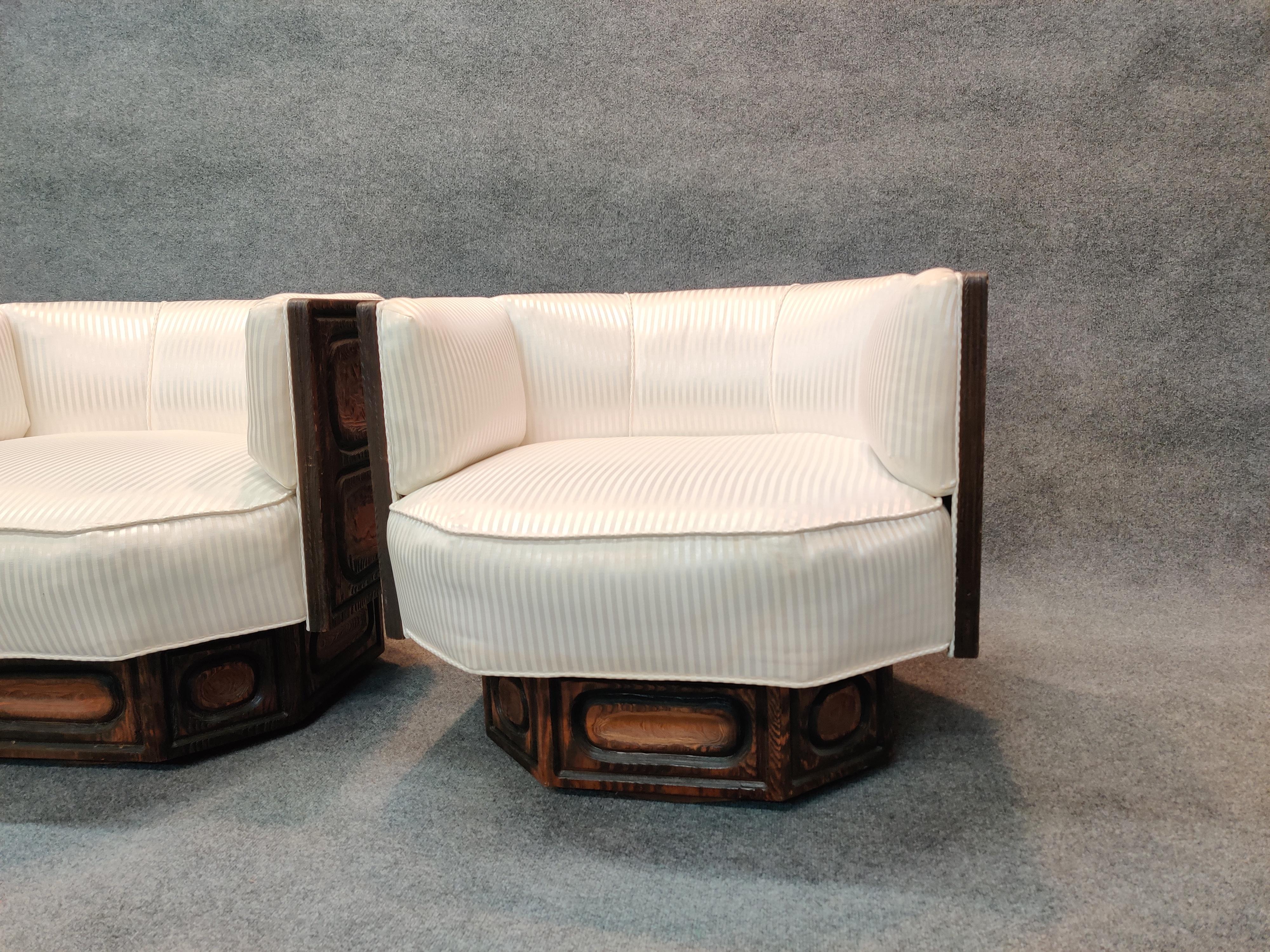 North American Witco Pair of Brutalist Carved Wood Lounge Chairs, Geometric Form, Swivel Bases