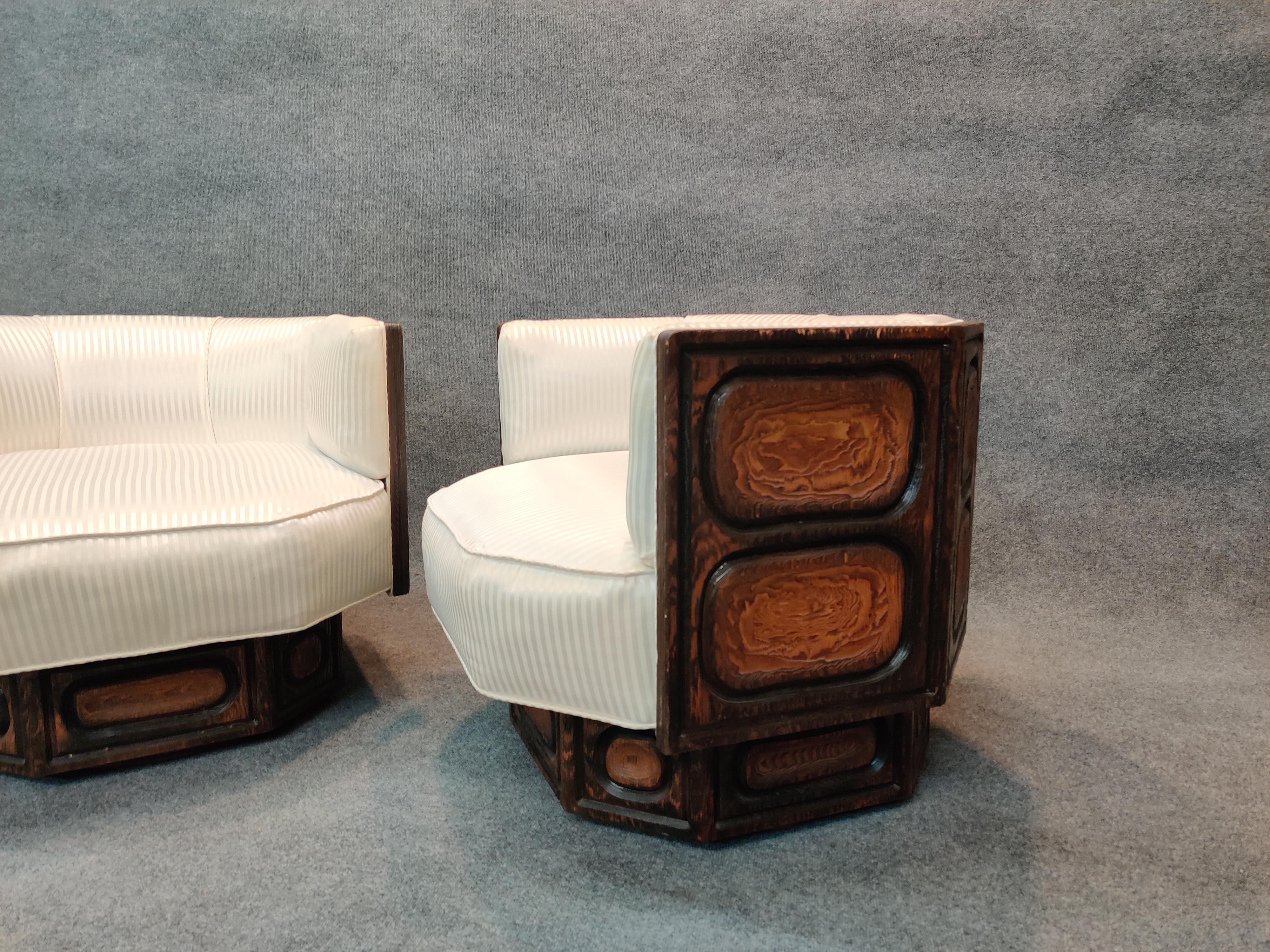 Witco Pair of Brutalist Carved Wood Lounge Chairs, Geometric Form, Swivel Bases In Good Condition In Philadelphia, PA