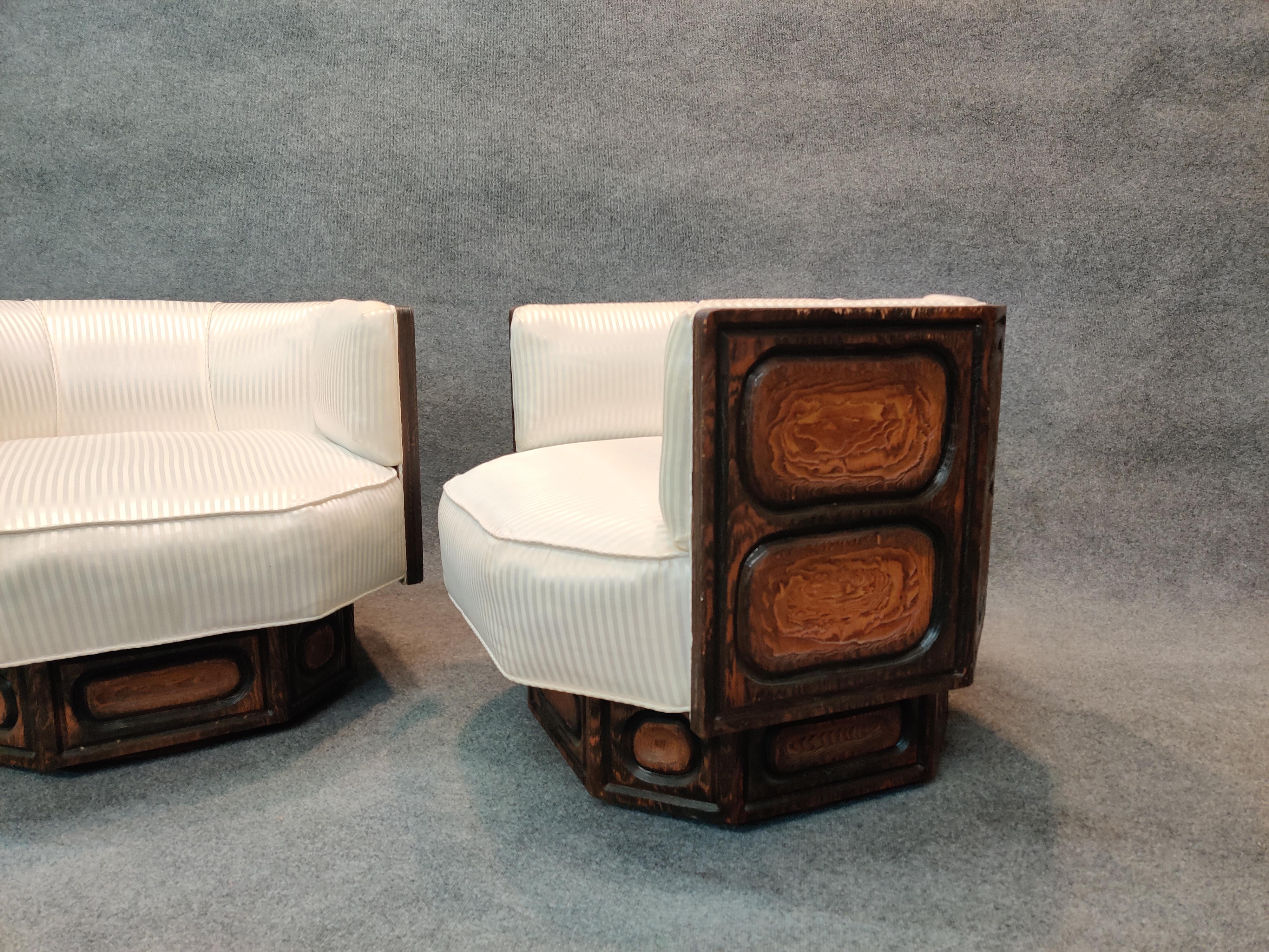 Mid-20th Century Witco Pair of Brutalist Carved Wood Lounge Chairs, Geometric Form, Swivel Bases