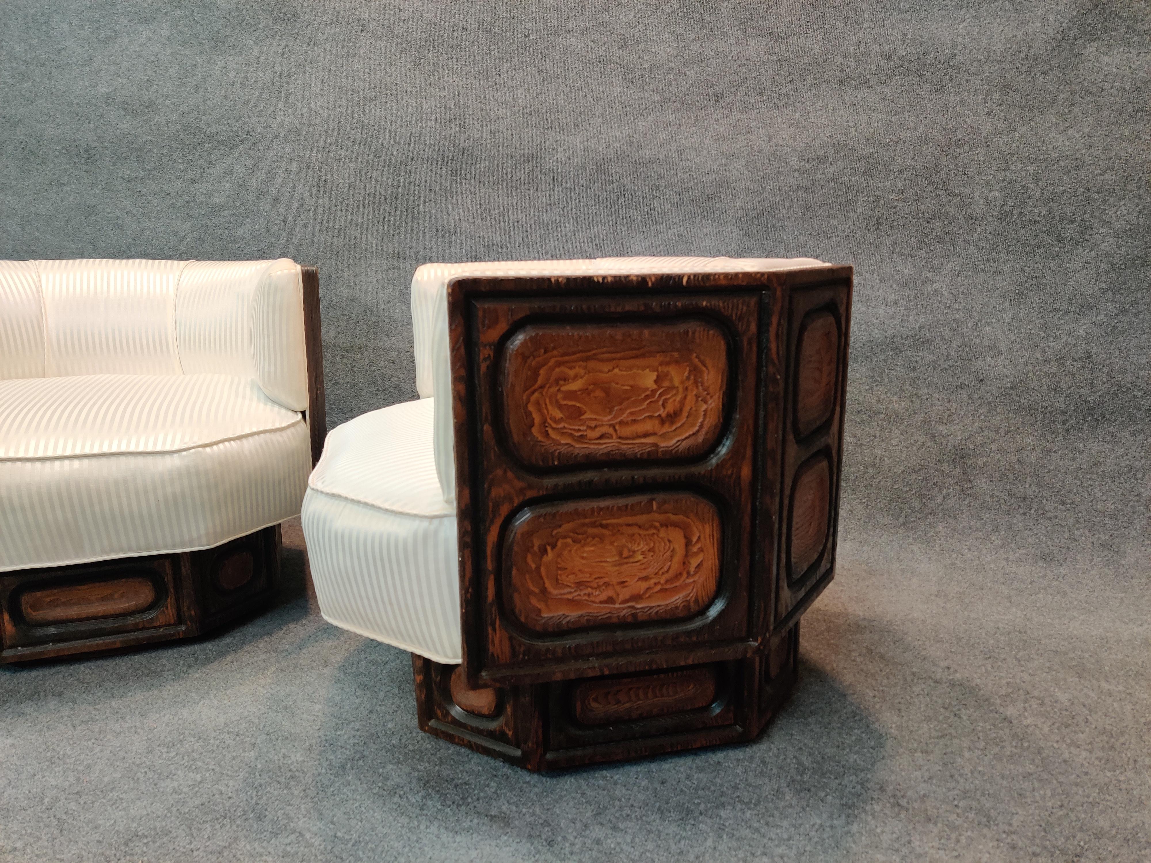 Fabric Witco Pair of Brutalist Carved Wood Lounge Chairs, Geometric Form, Swivel Bases