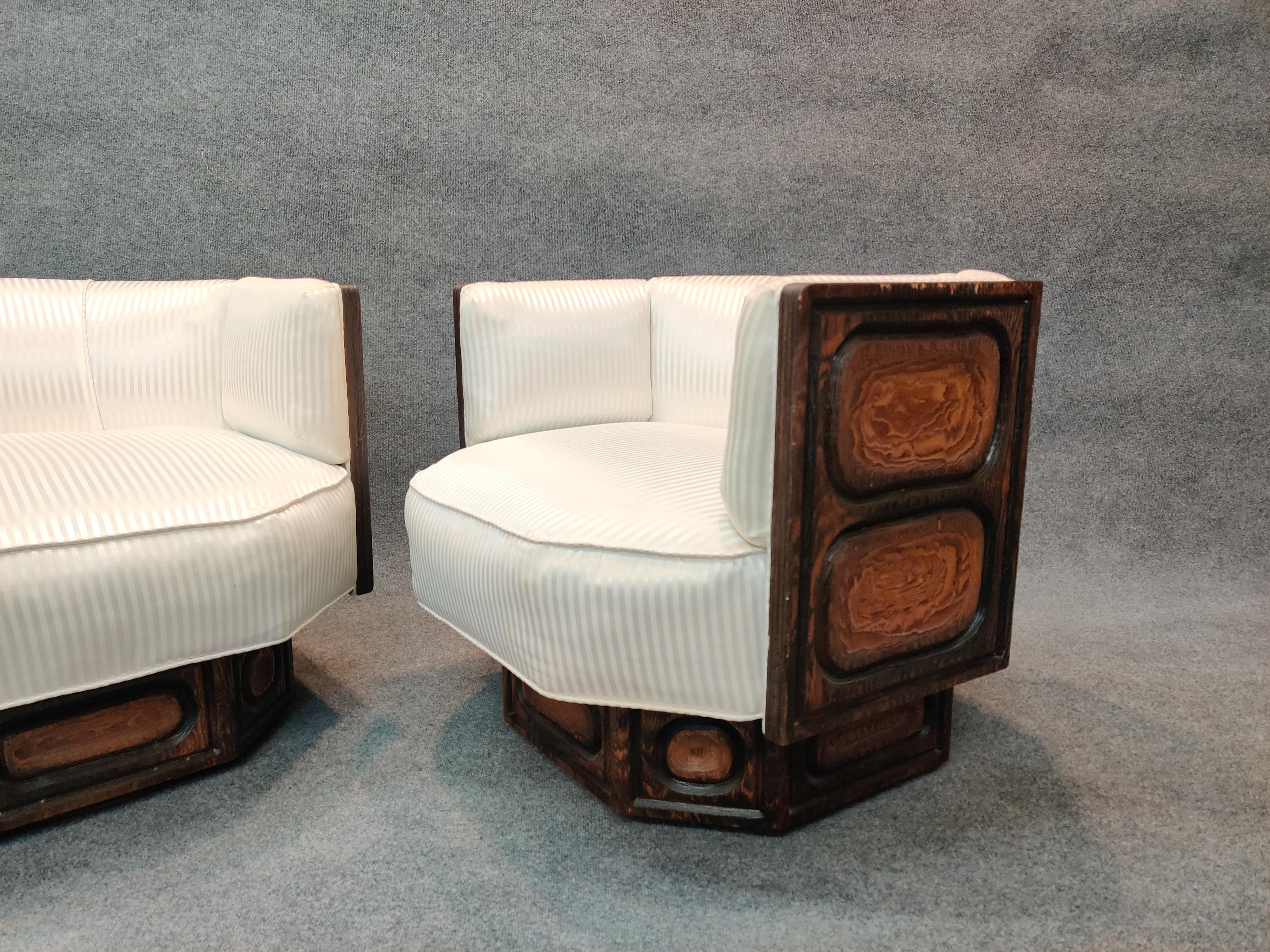 Witco Pair of Brutalist Carved Wood Lounge Chairs, Geometric Form, Swivel Bases 1