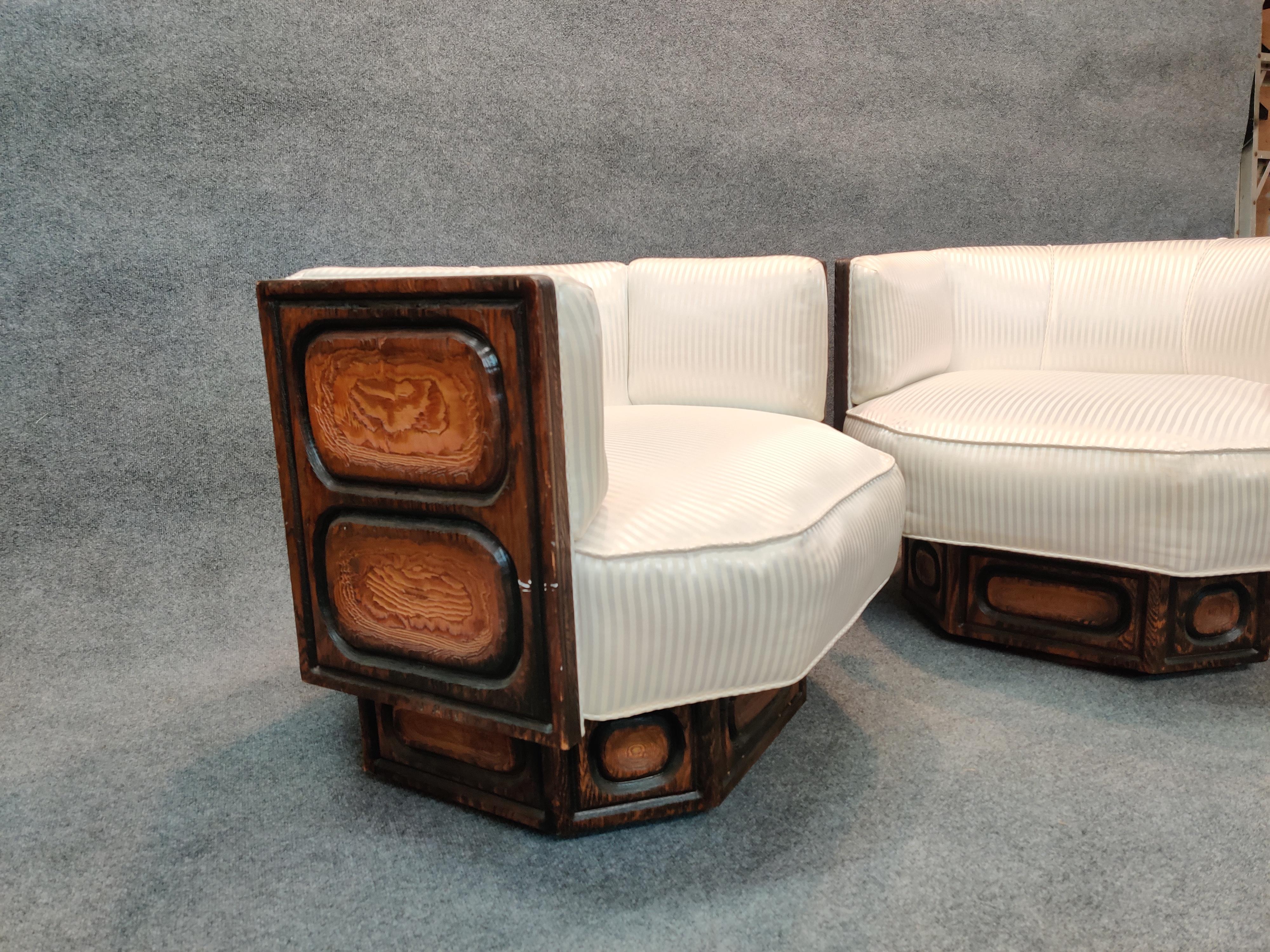 Witco Pair of Brutalist Carved Wood Lounge Chairs, Geometric Form, Swivel Bases 2