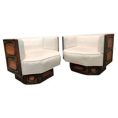 Witco Pair of Brutalist Carved Wood Lounge Chairs, Geometric Form, Swivel Bases