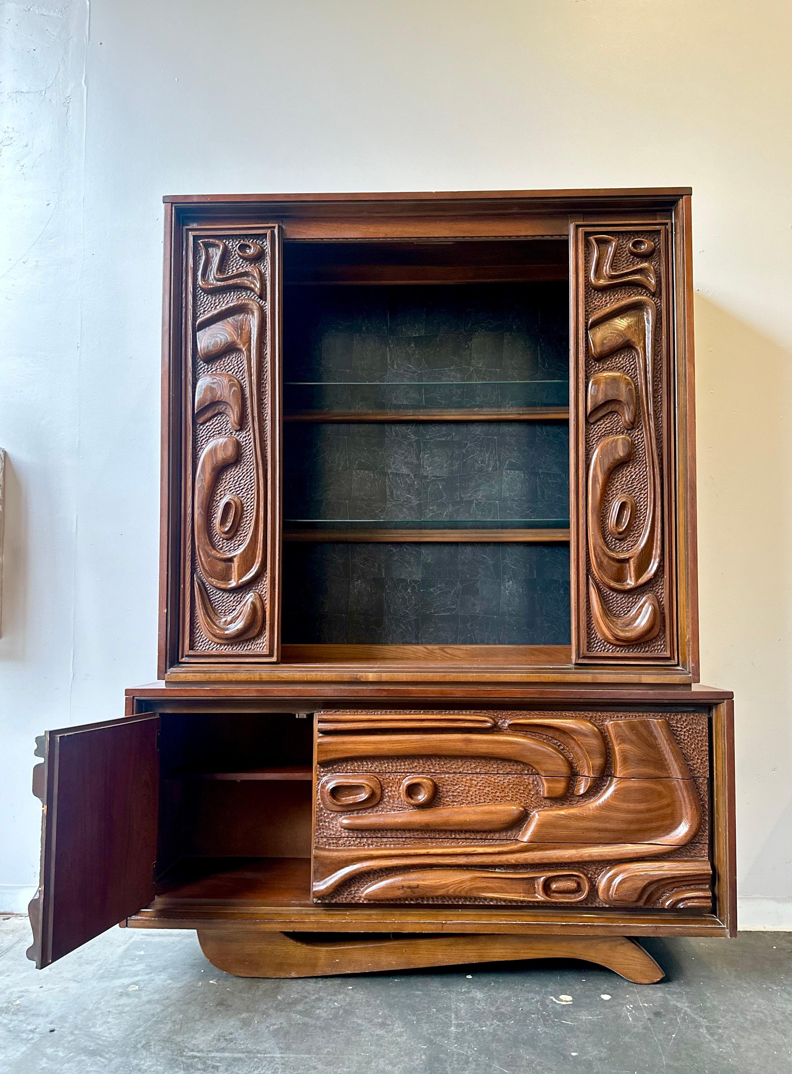 Striking south seas inspired credenza and hutch made by Pulaski for their tiki flavoured ‘Contour 70s’ series. Exotic motifs are eye catching and the hutch can be used separately as a book case or room divider. Sometimes (wrongly) describes as Witco