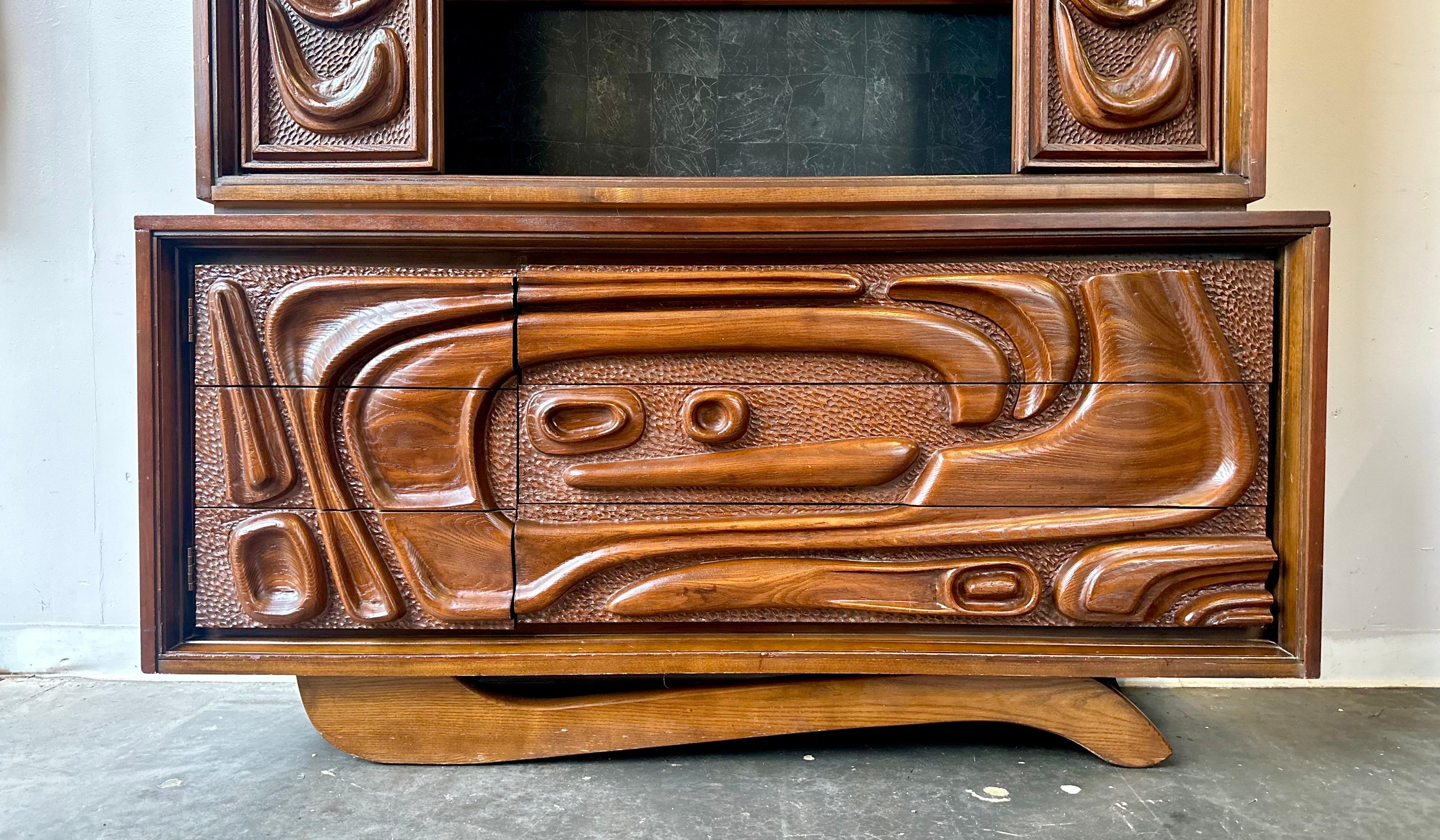 Glass Witco style mad men two piece credenza hutch by Pulaski Oceanic Contour70 For Sale
