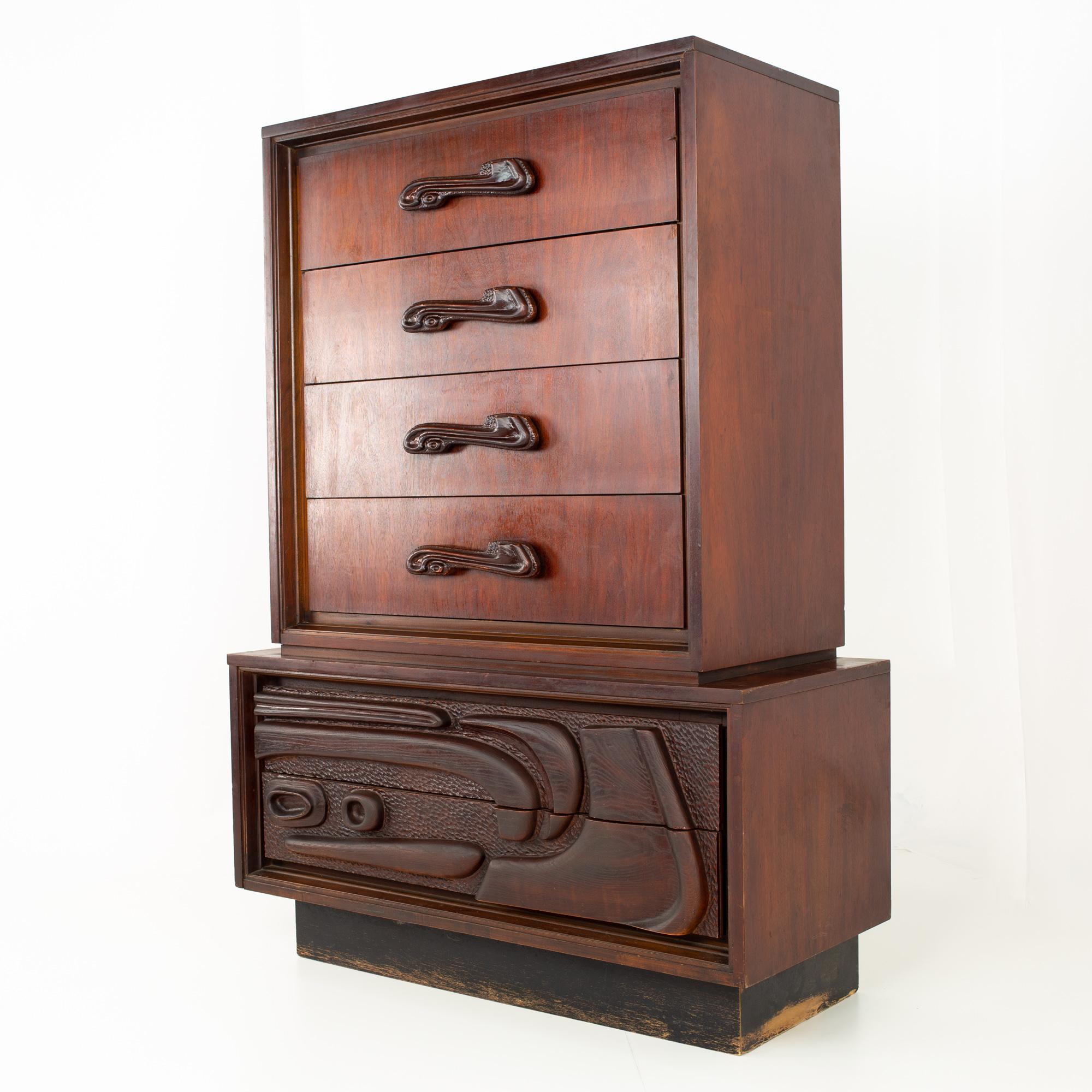 Mid-Century moderno Witco Style Pulaski Oceanic Brutalist MCM 6 Drawer Gentlemans Chest Highboy in vendita