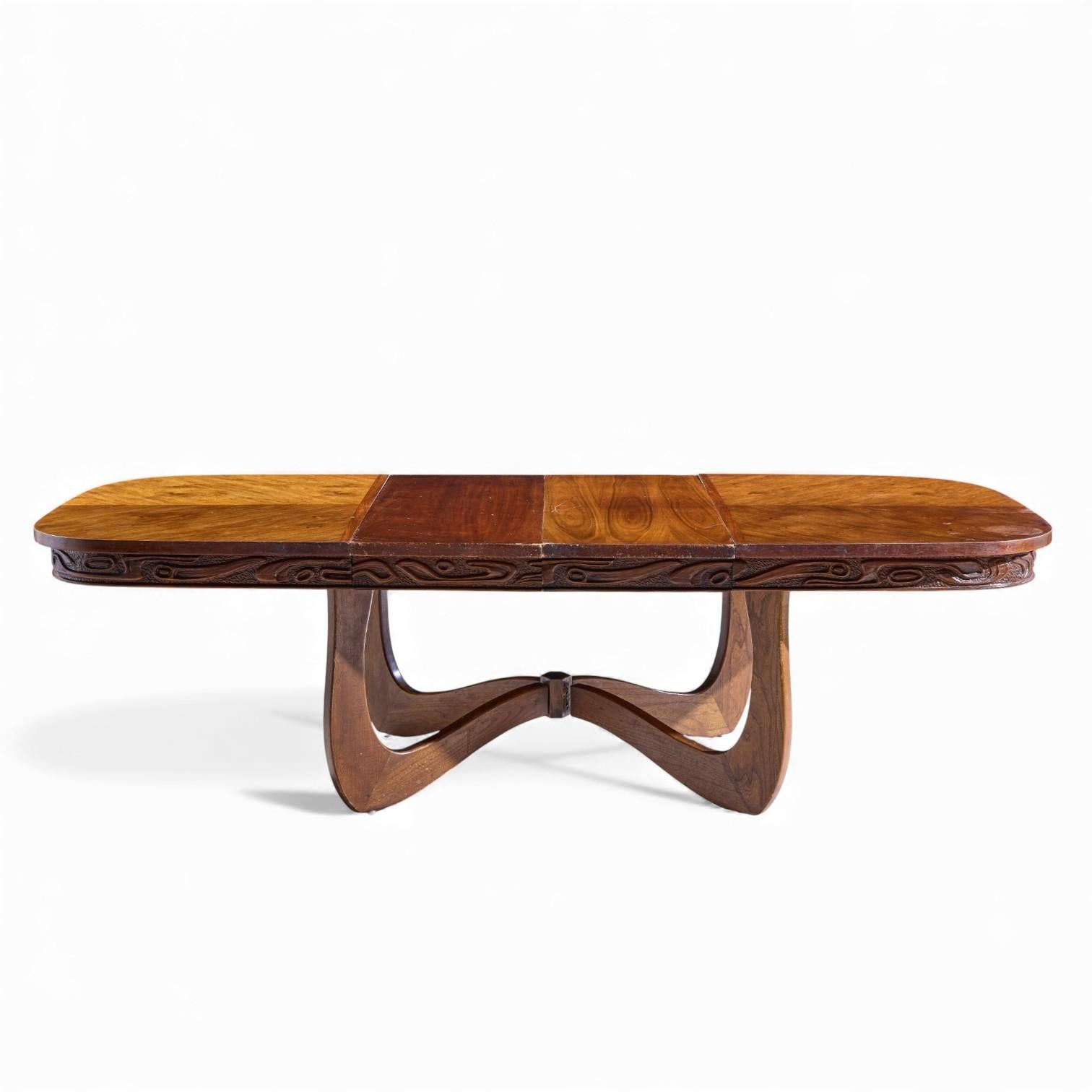 Witco Style Pulaski Oceanic Mid Century Dining Table with 2 Leaves

This table measures: 66 wide x 44 deep x 29.5 inches high, with a chair clearance of 24.5 inches, each leaf measures 18 inches wide, making a maximum table width of 102 inches when