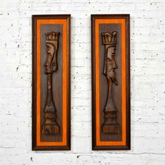 Witco Tiki Island Style King & Queen Chess Pair Carved Wall Hanging Sculptures