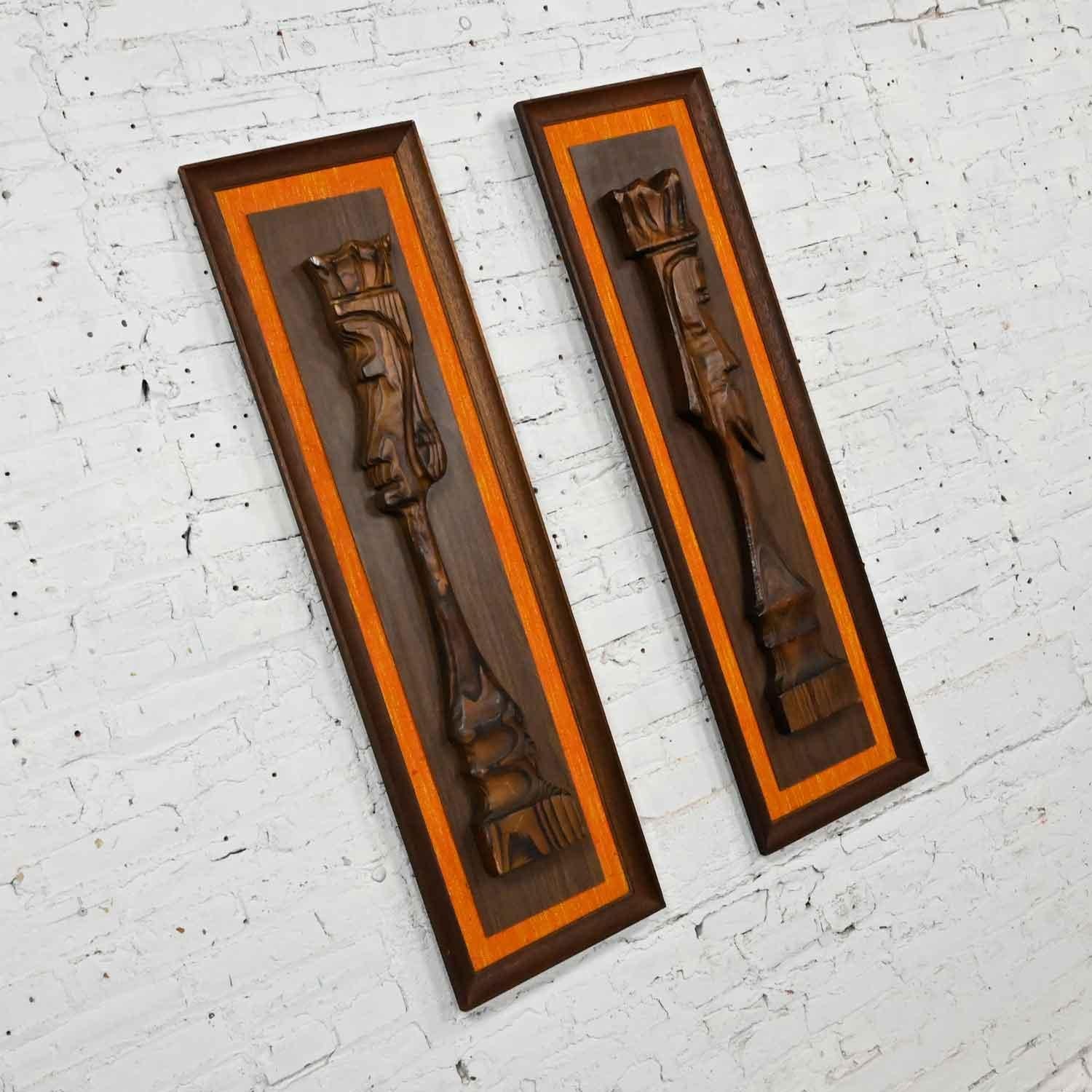 American Witco Tiki Island Style King & Queen Chess Pair Carved Wall Hanging Sculptures