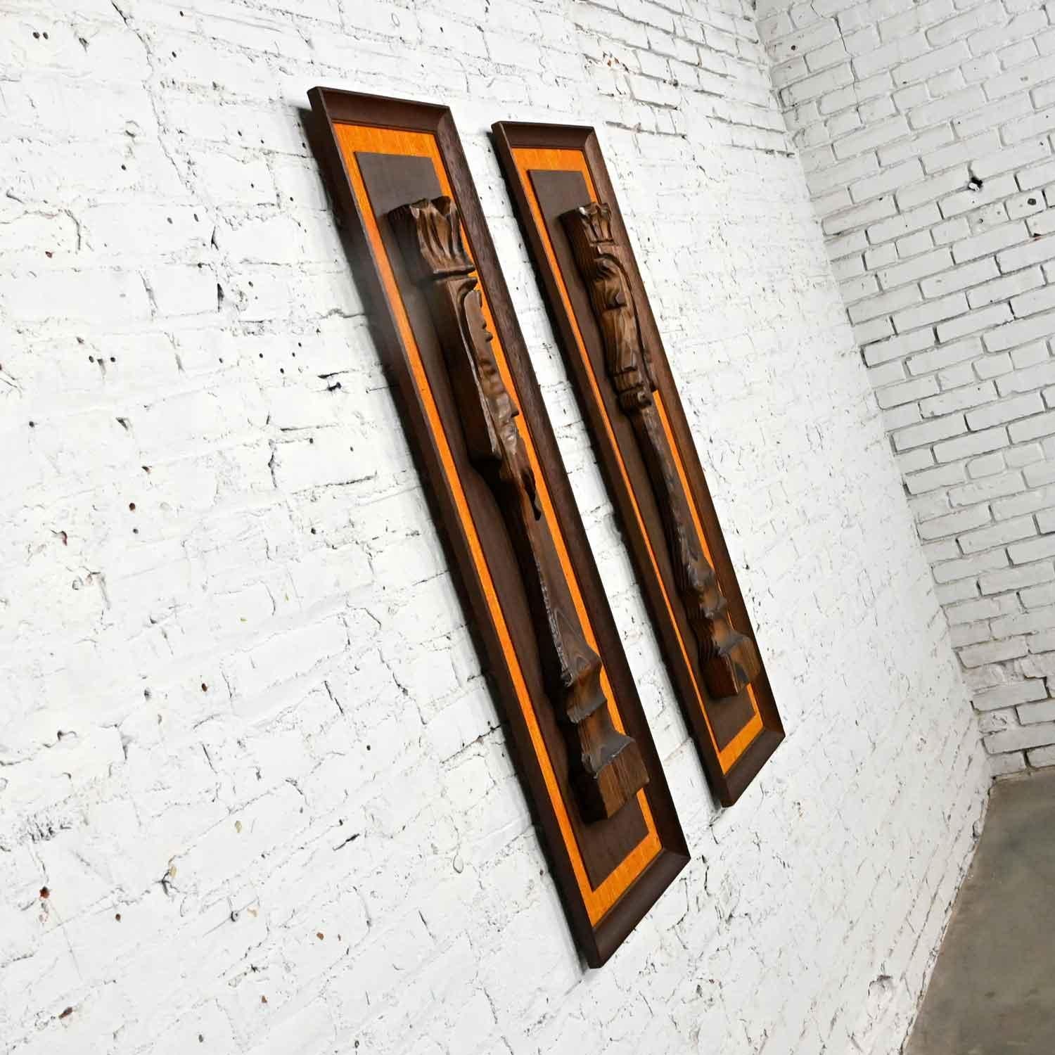 20th Century Witco Tiki Island Style King & Queen Chess Pair Carved Wall Hanging Sculptures