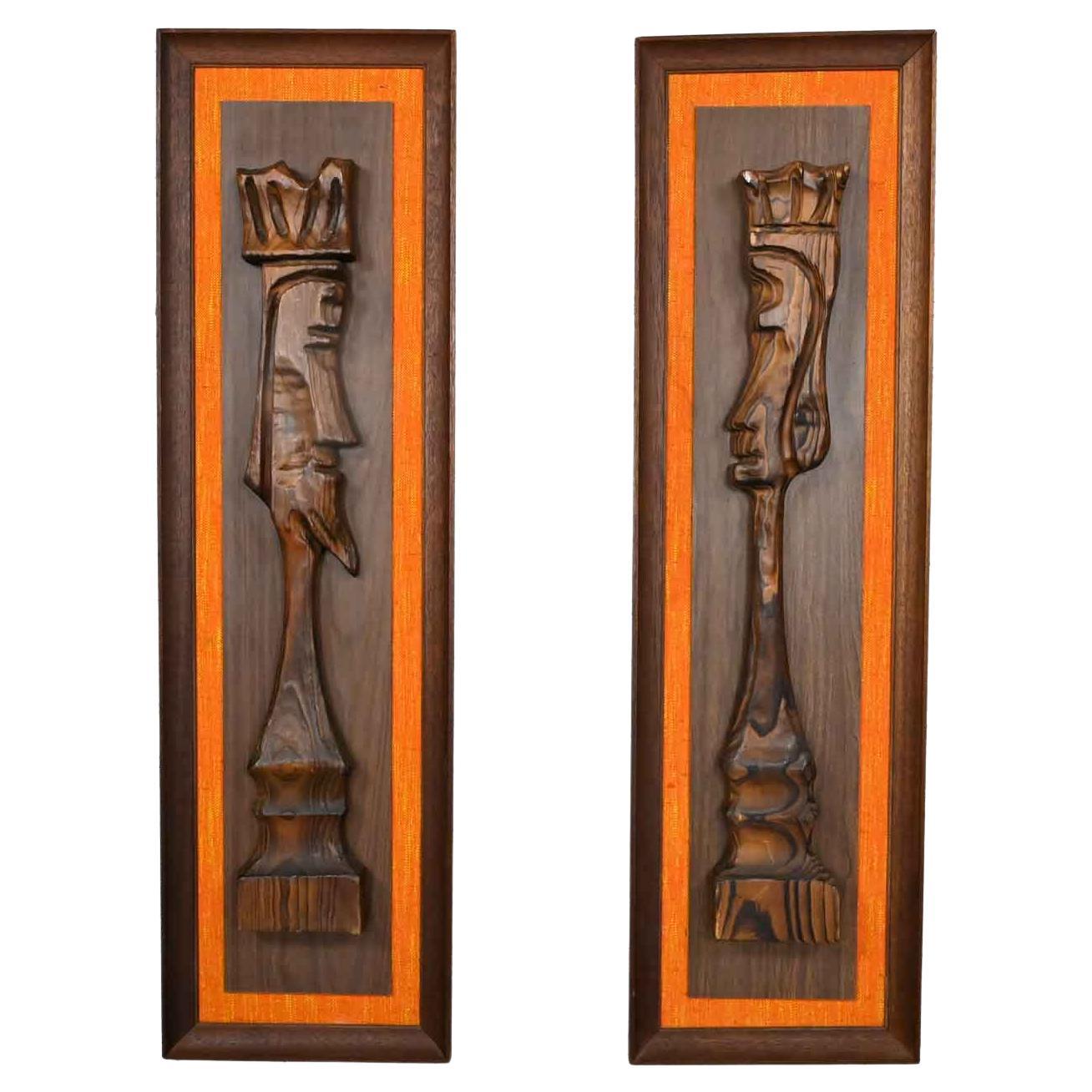 Witco Tiki Island Style King & Queen Chess Pair Carved Wall Hanging Sculptures