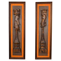 Witco Tiki Island Style King & Queen Chess Pair Carved Wall Hanging Sculptures