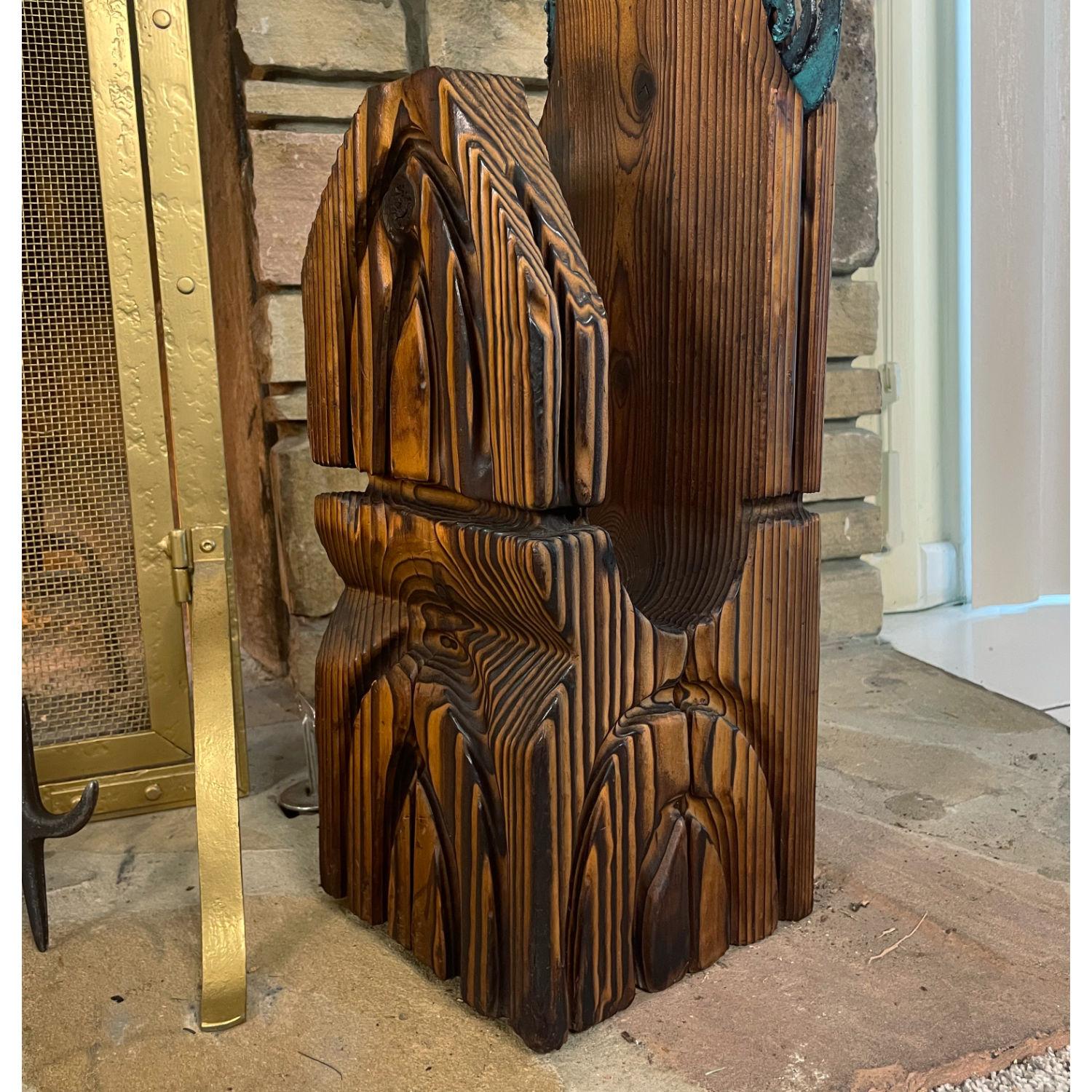 Witco Tiki Mid Century Wood Carved Fireplace Tool Set with Brutalist Accent For Sale 3