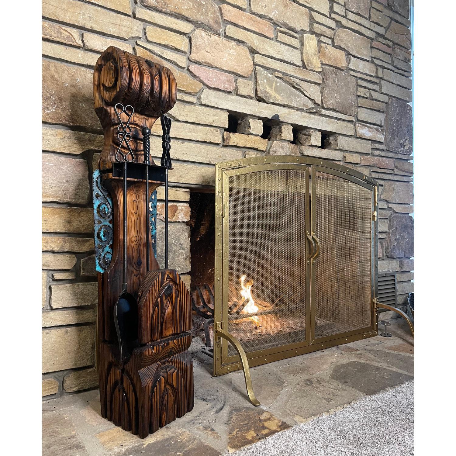 No Luau is complete without a proper set of fire tools. This ultra rare Witco fireplace tool set comes complete with a poker, brush, and shovel. The three wrought-iron tools are original to the set. Both the poker and shovel feature period scroll