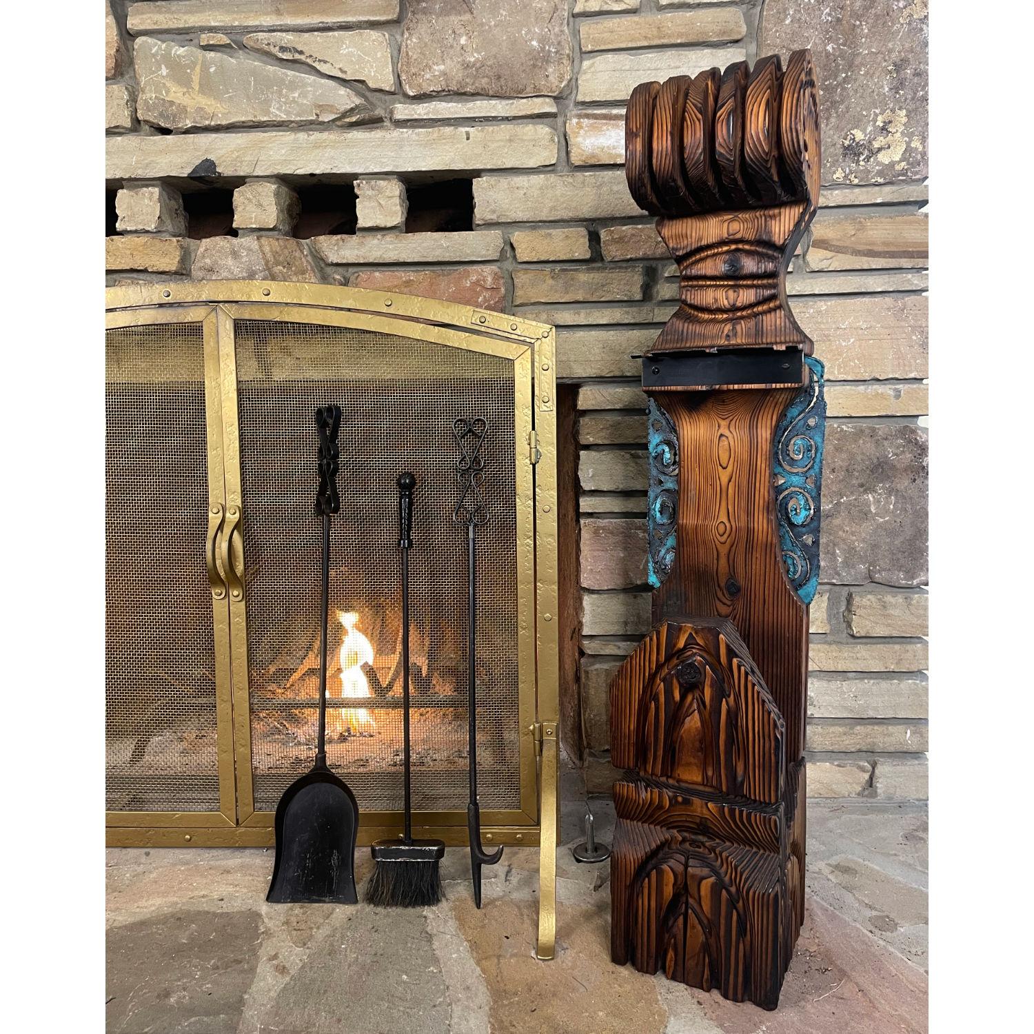 Mid-Century Modern Witco Tiki Mid Century Wood Carved Fireplace Tool Set with Brutalist Accent For Sale