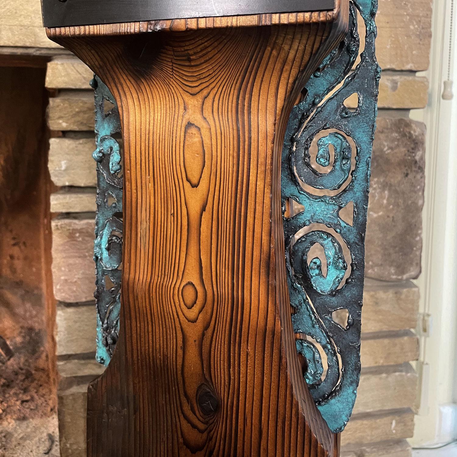 American Witco Tiki Mid Century Wood Carved Fireplace Tool Set with Brutalist Accent For Sale