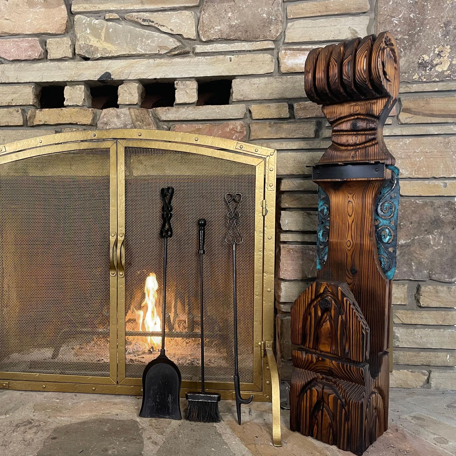 Witco Tiki Mid Century Wood Carved Fireplace Tool Set with Brutalist Accent For Sale 1