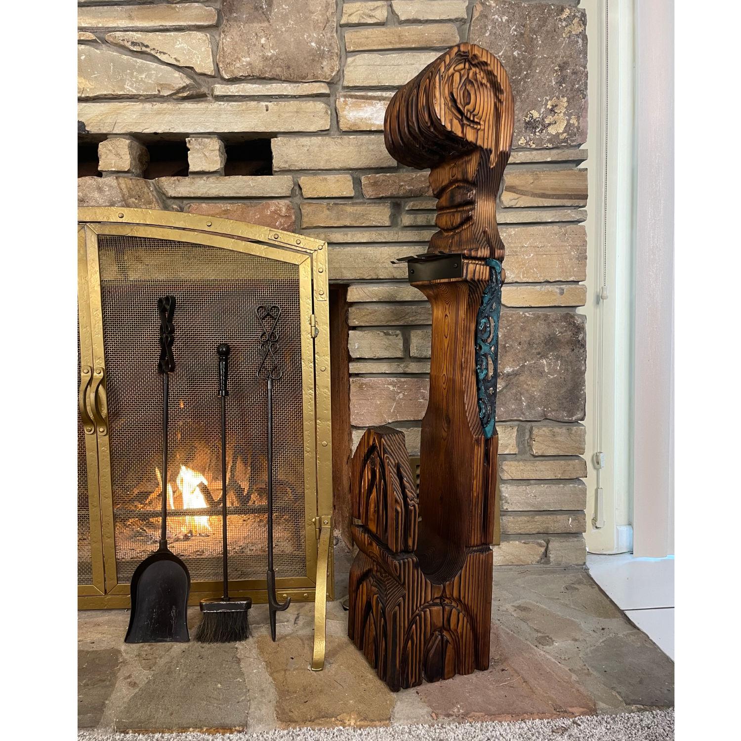 Witco Tiki Mid Century Wood Carved Fireplace Tool Set with Brutalist Accent For Sale 2