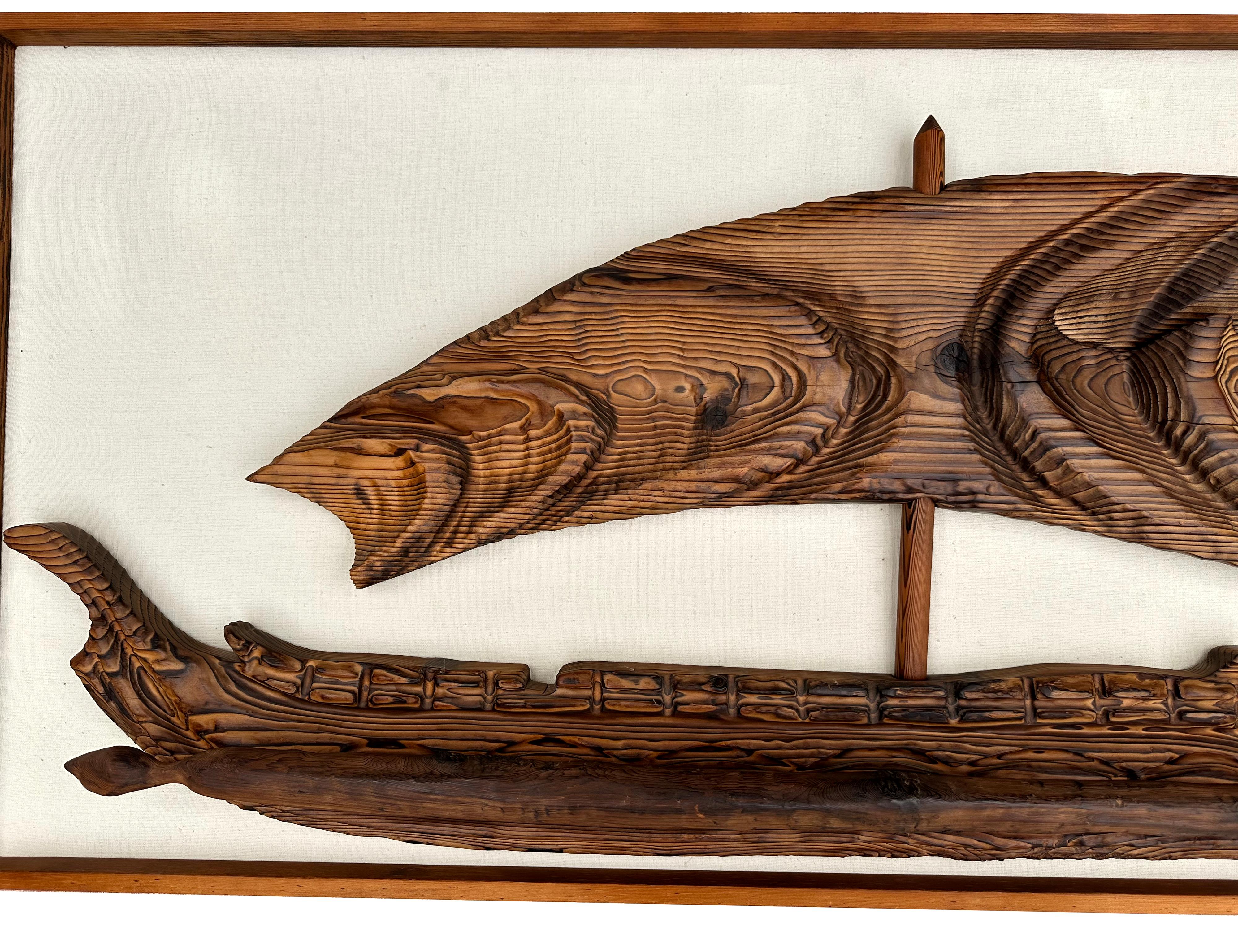 Vintage Hawaiian outrigger carved Witco wall hanging.  Large statement piece with outrigger float extending out.  Good vintage condition, off white background looks as though it was freshened up and repainted at some point. This artwork would look