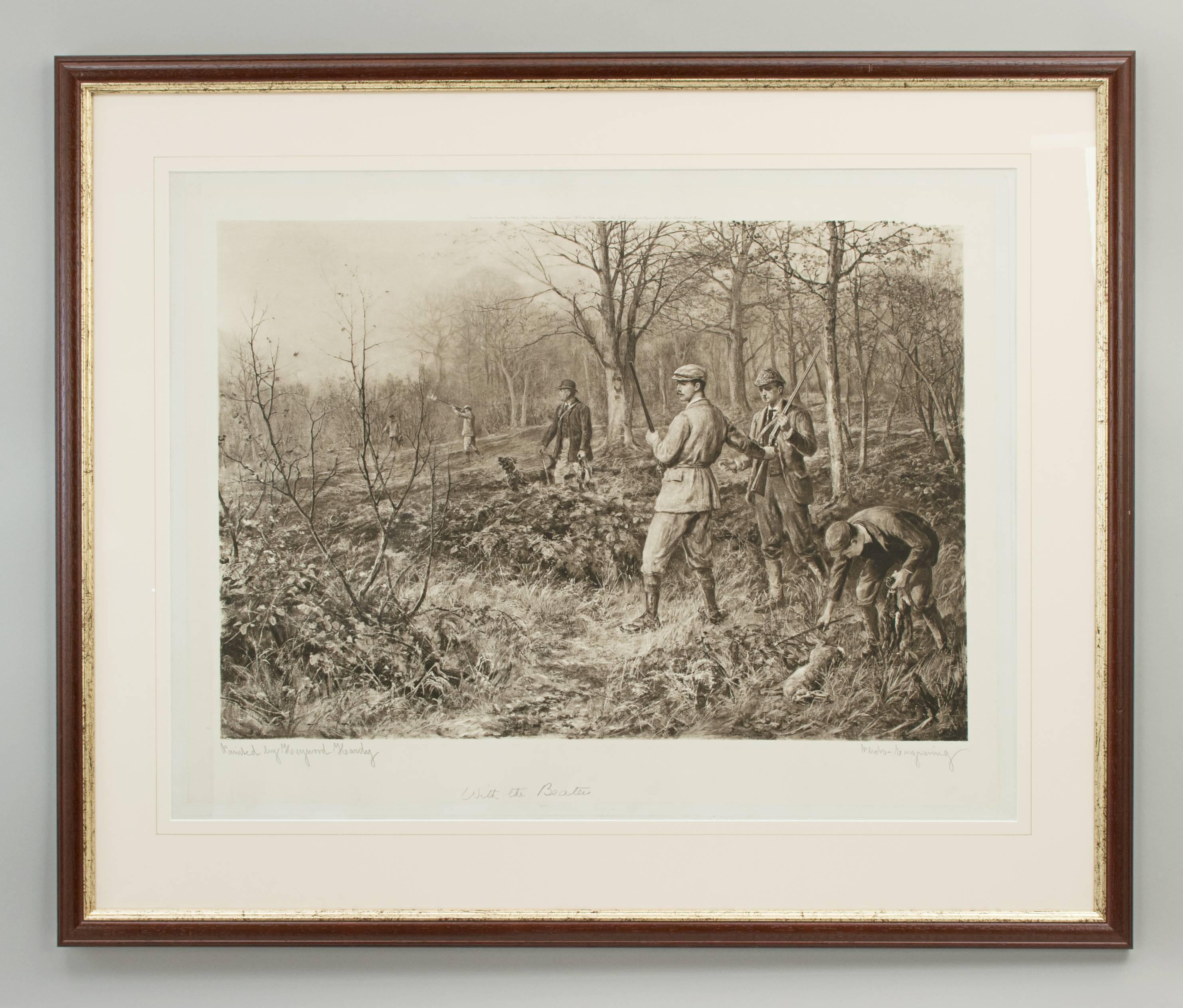 Heywood Hardy shooting picture.
A very rare shooting photogravure after Heywood Hardy's original painting, titled 'With The Beaters'. Framed and mounted in a modern wooden frame. Written in pencil in the bottom boarder 'painted by Heywood Hardy,