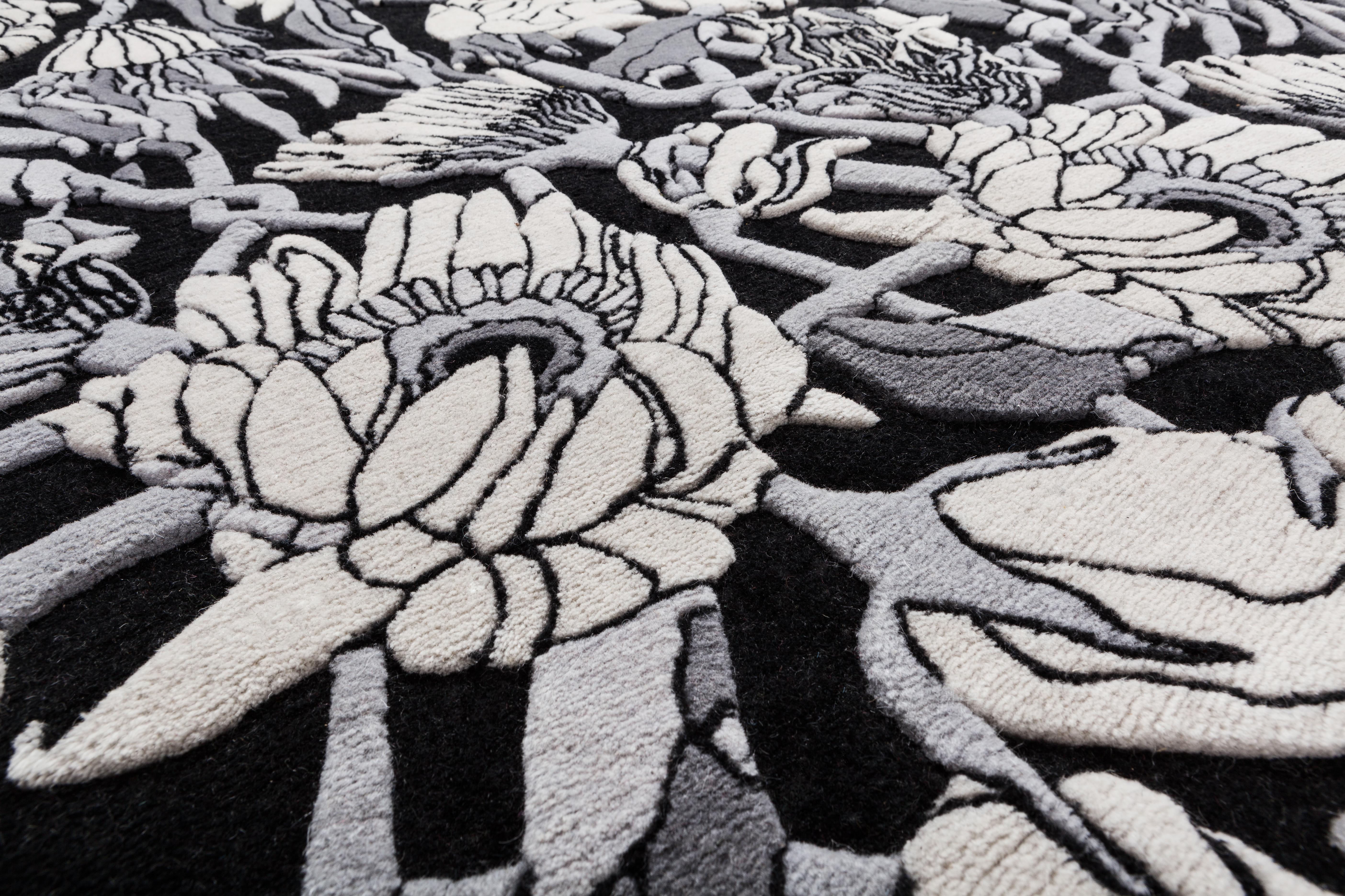 Nepalese Withered Flowers Carpet, Hand Knotted in Wool, 100 Kpi, Studio Job For Sale