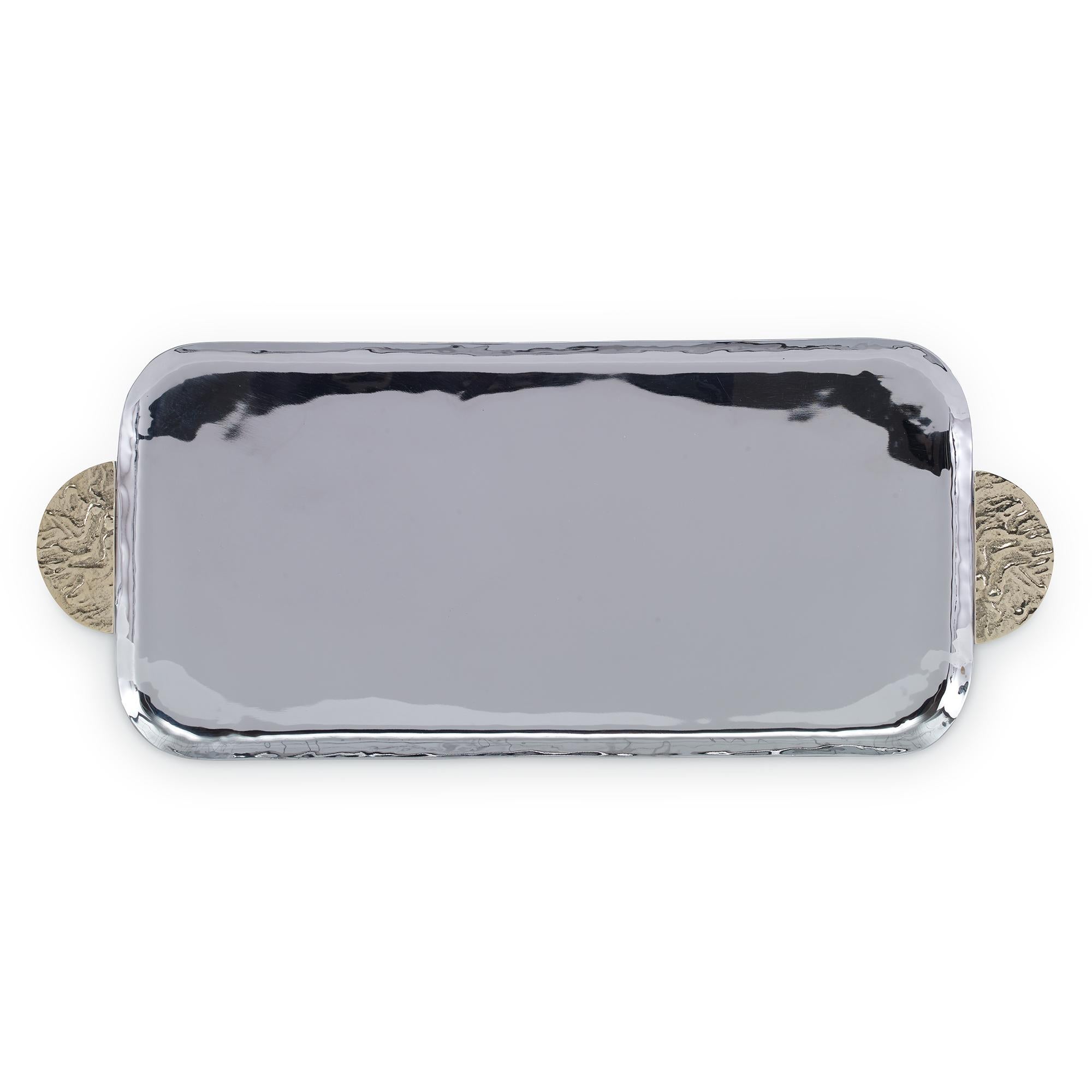 A brass and stainless steel tray with handles, detailed with a combination of matte and shiny finishes.
 