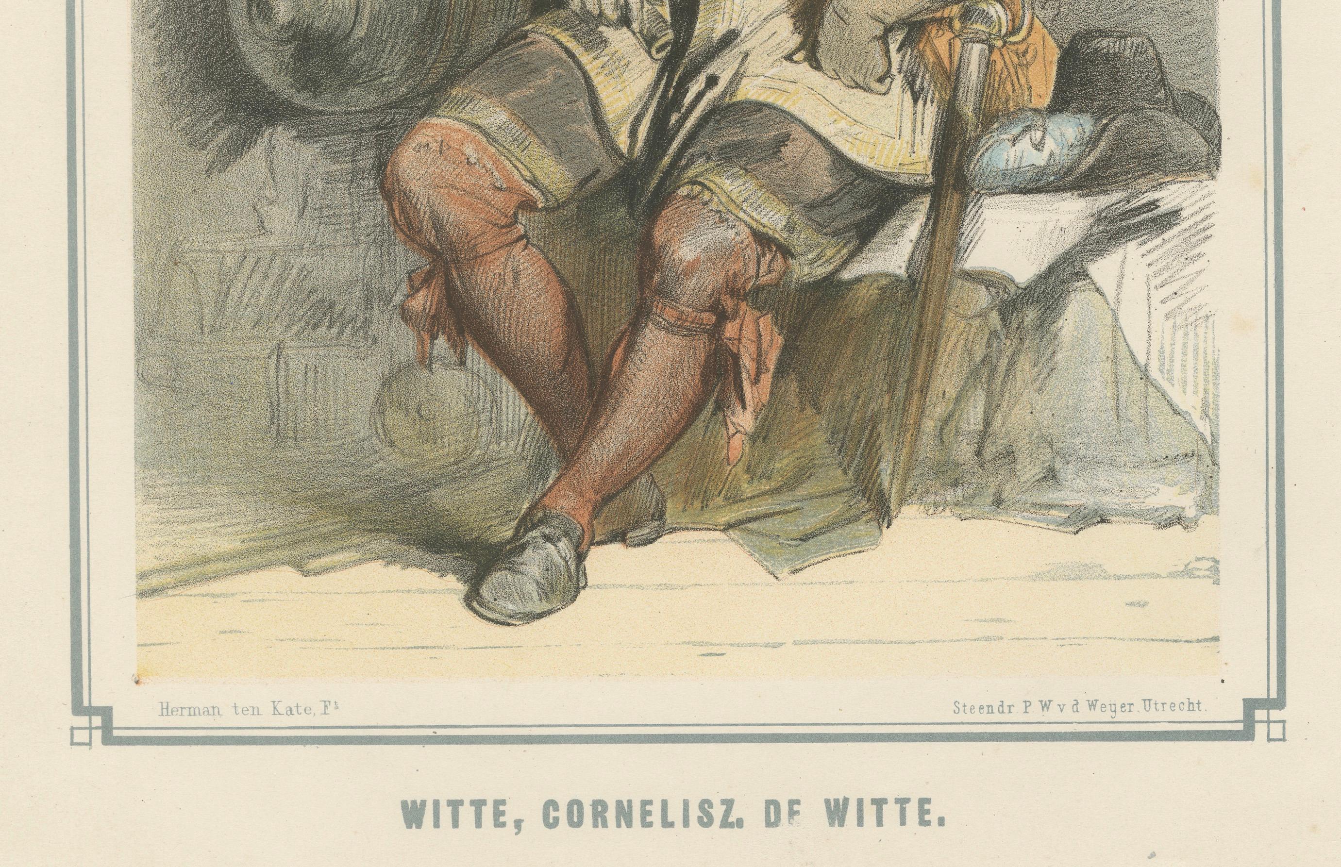 Witte Corneliszoon de mit Schiff - Handkolorierte Lithographie aus dem 19.

Diese handkolorierte Lithografie aus dem 19. Jahrhundert porträtiert Witte Corneliszoon de With, einen kühnen und umstrittenen niederländischen Admiral, der im