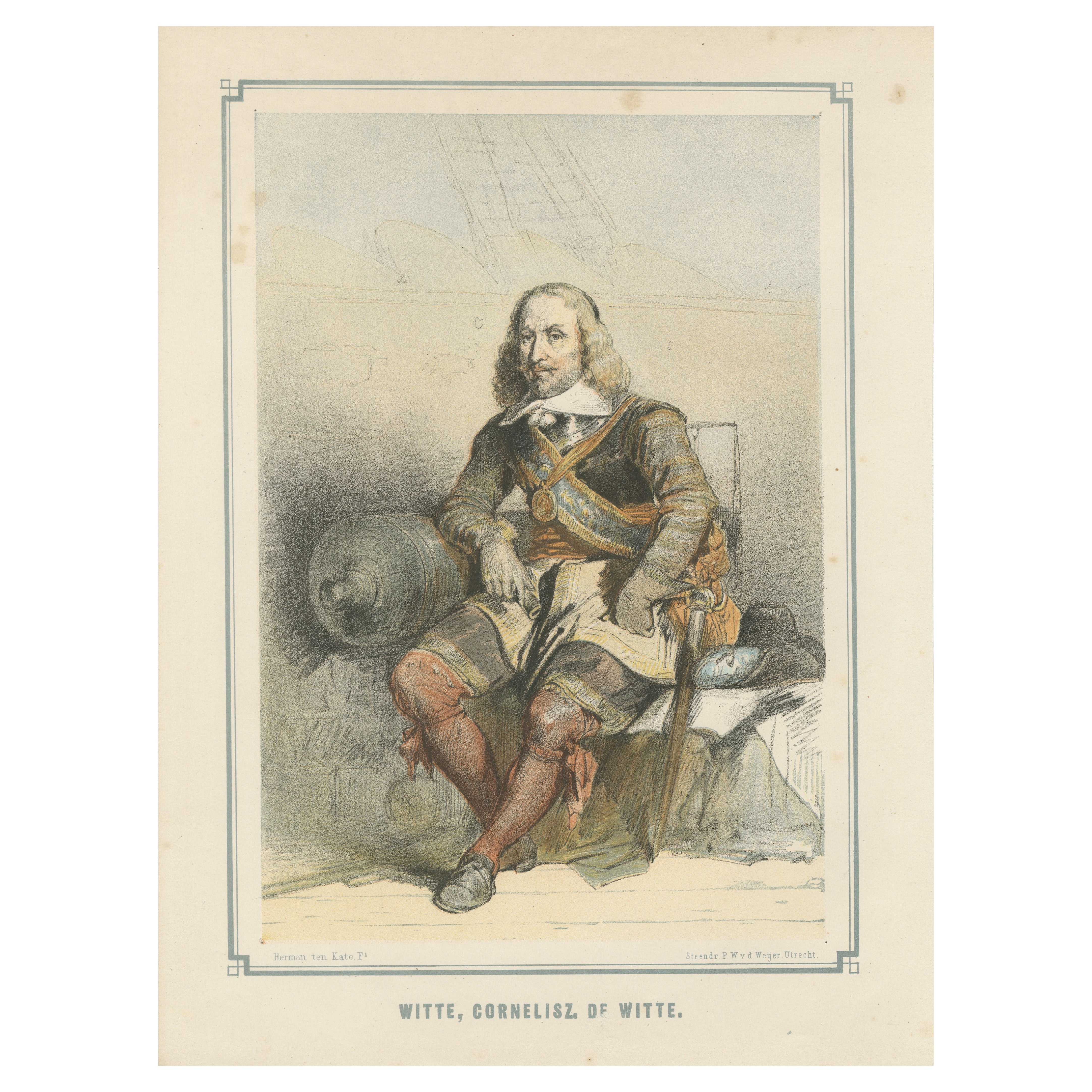 Witte Corneliszoon de With Aboard Ship – 19th-Century Hand-Colored Lithograph