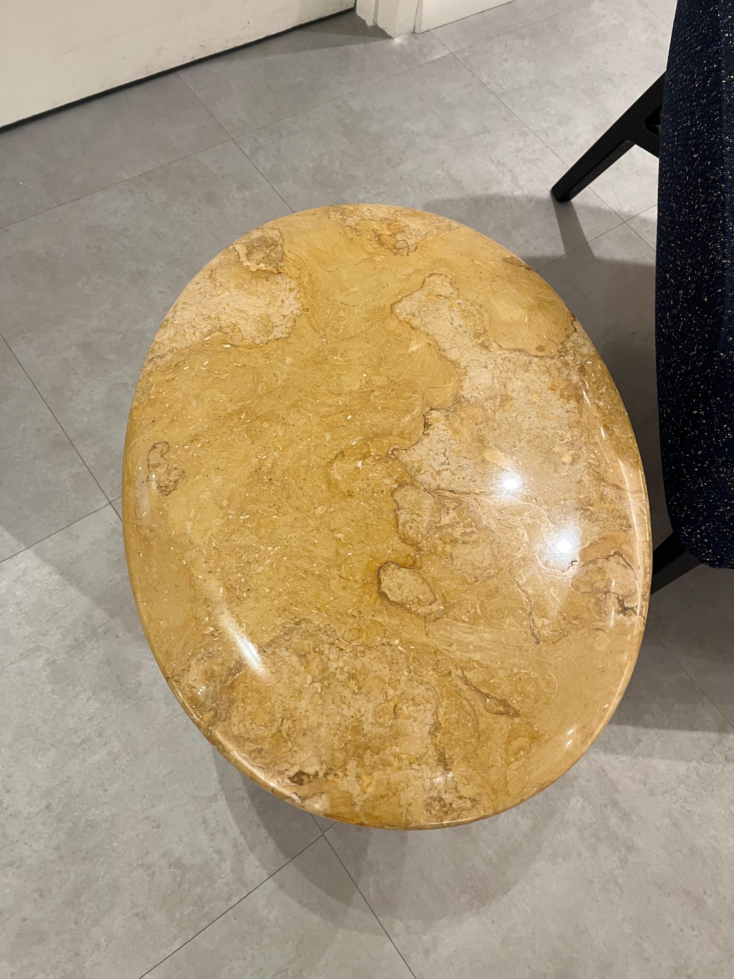 1)Antilles Giallo Table 52 x 40 h = 45 cm
Marble Giallo Reale
Base: leather covered Color black
Glides: felted glides

At the time of the Wiener Werkstätte around the 1900s, Josef Hoffmann designed extravagant brooches made in traditional