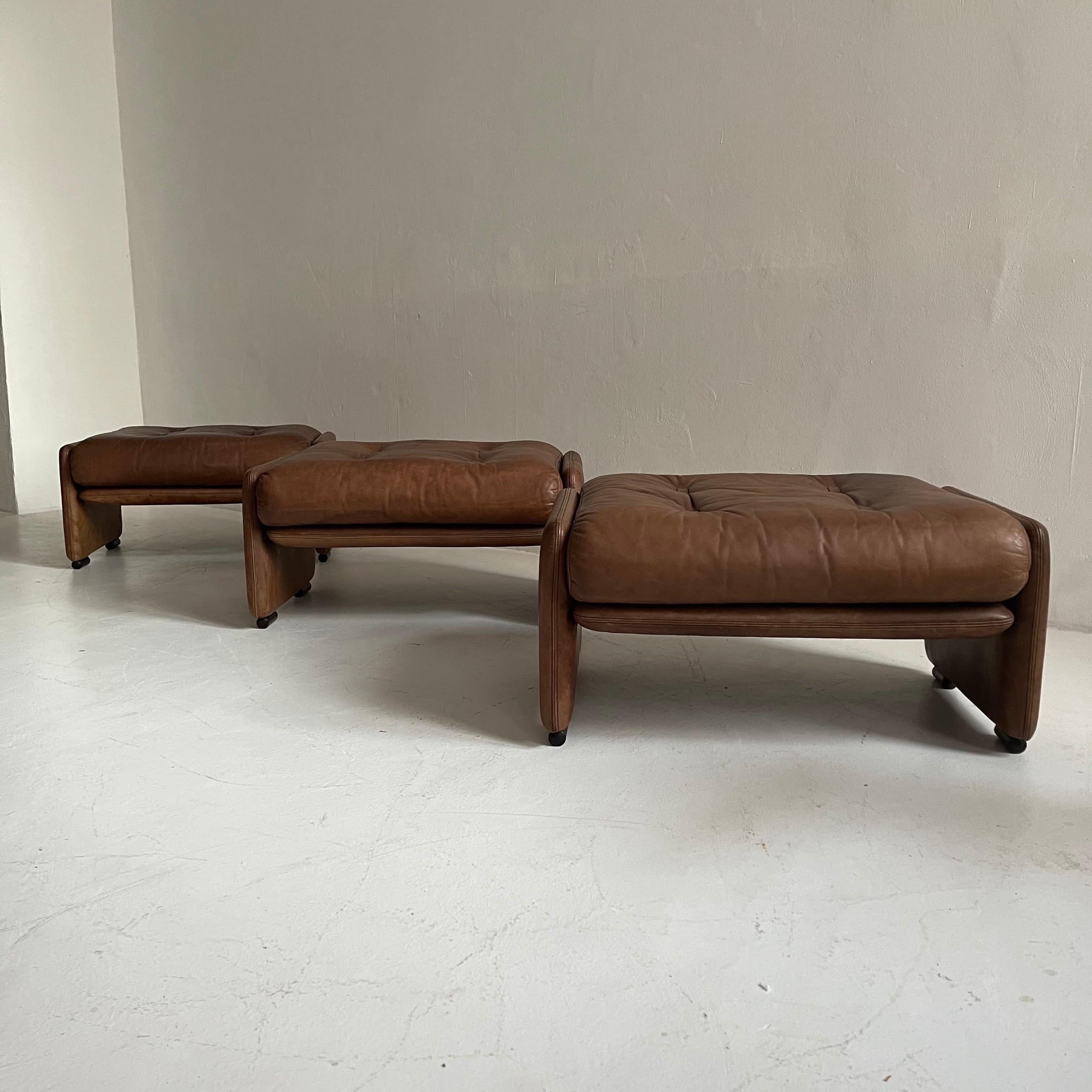 Wittmann Atrium Patinated Leather Ottomans Set of Three, Austria, 1970s 7