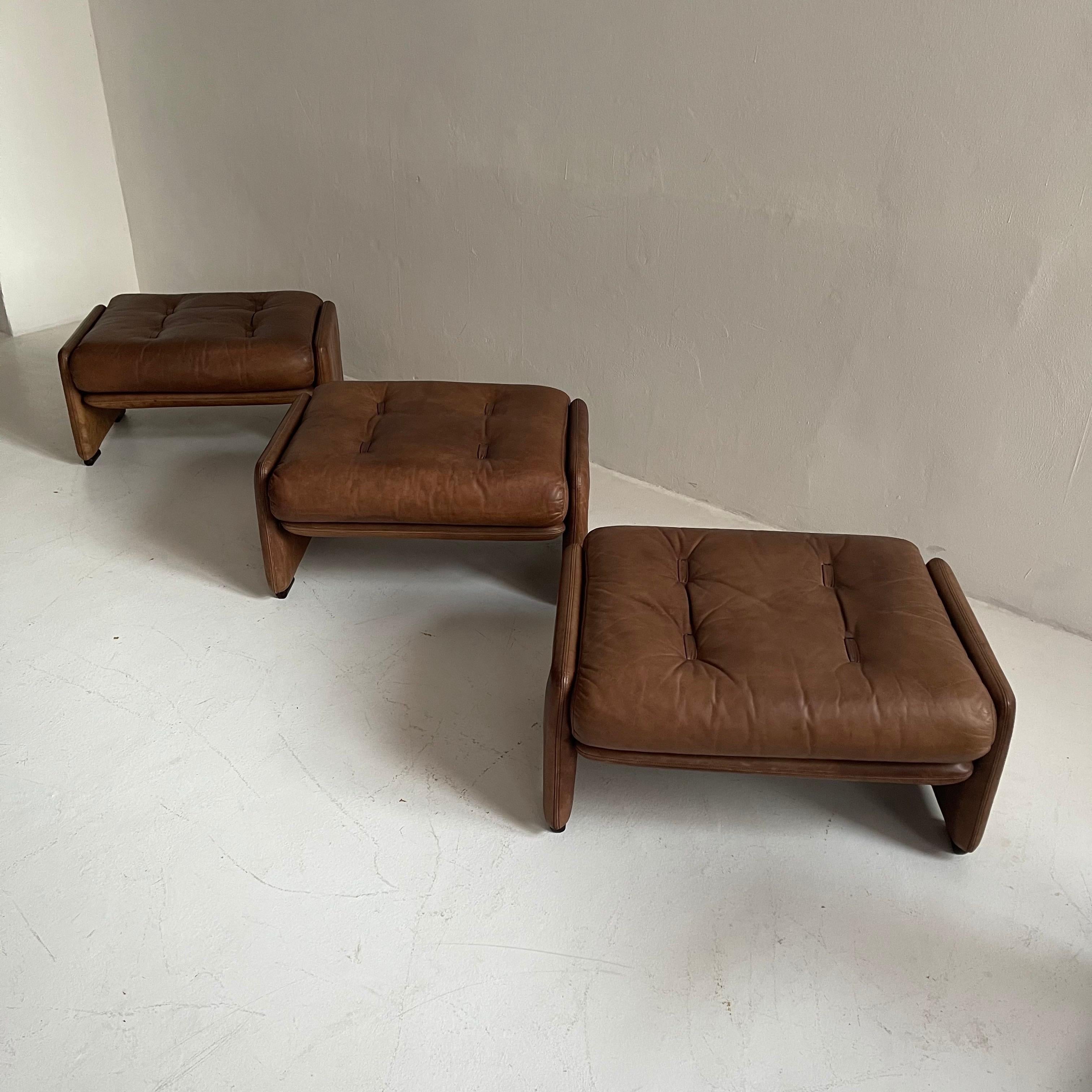 Wittmann Atrium Patinated Leather Ottomans Set of Three, Austria, 1970s 8