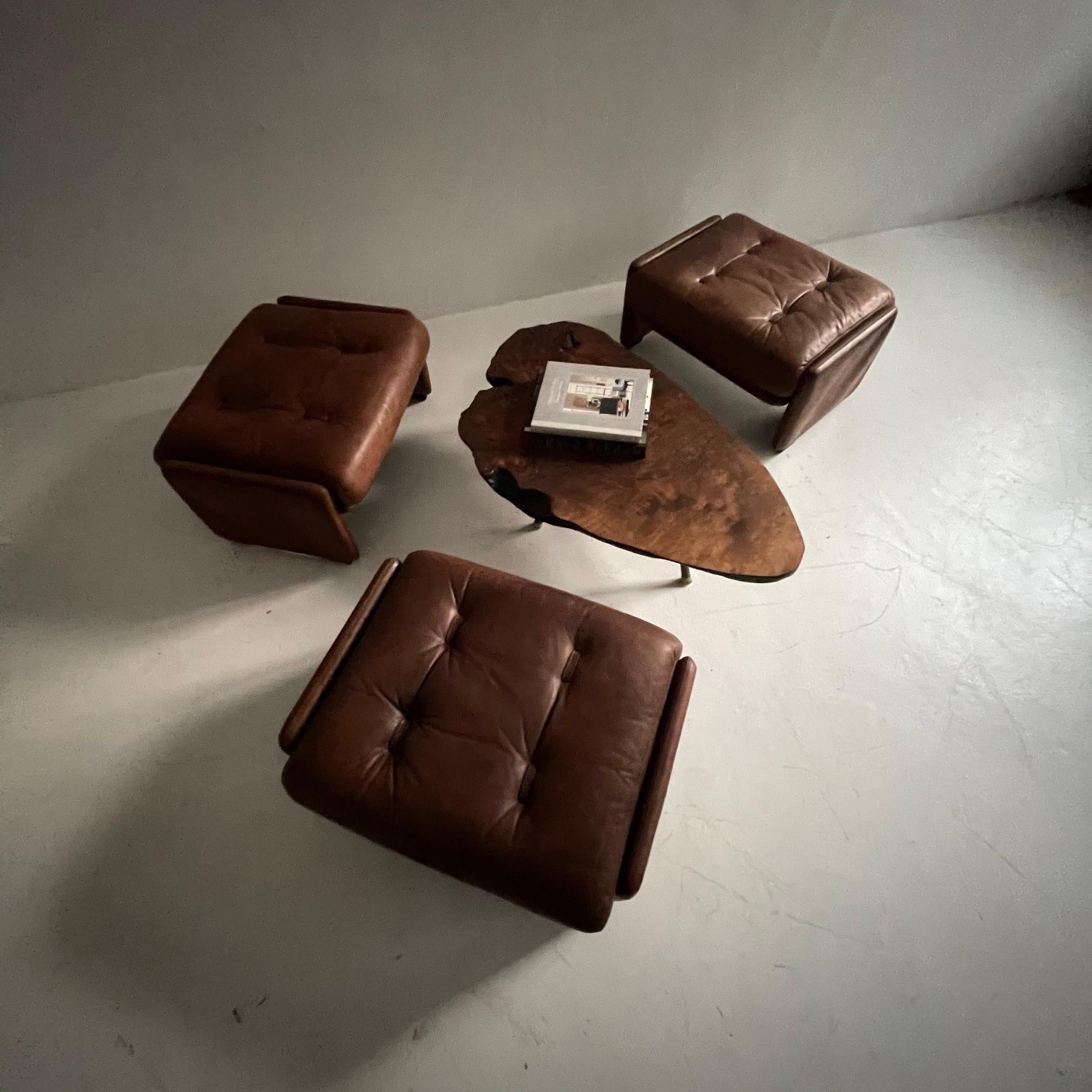 Wittmann Atrium Patinated Leather Ottomans Set of Three, Austria, 1970s For Sale 8