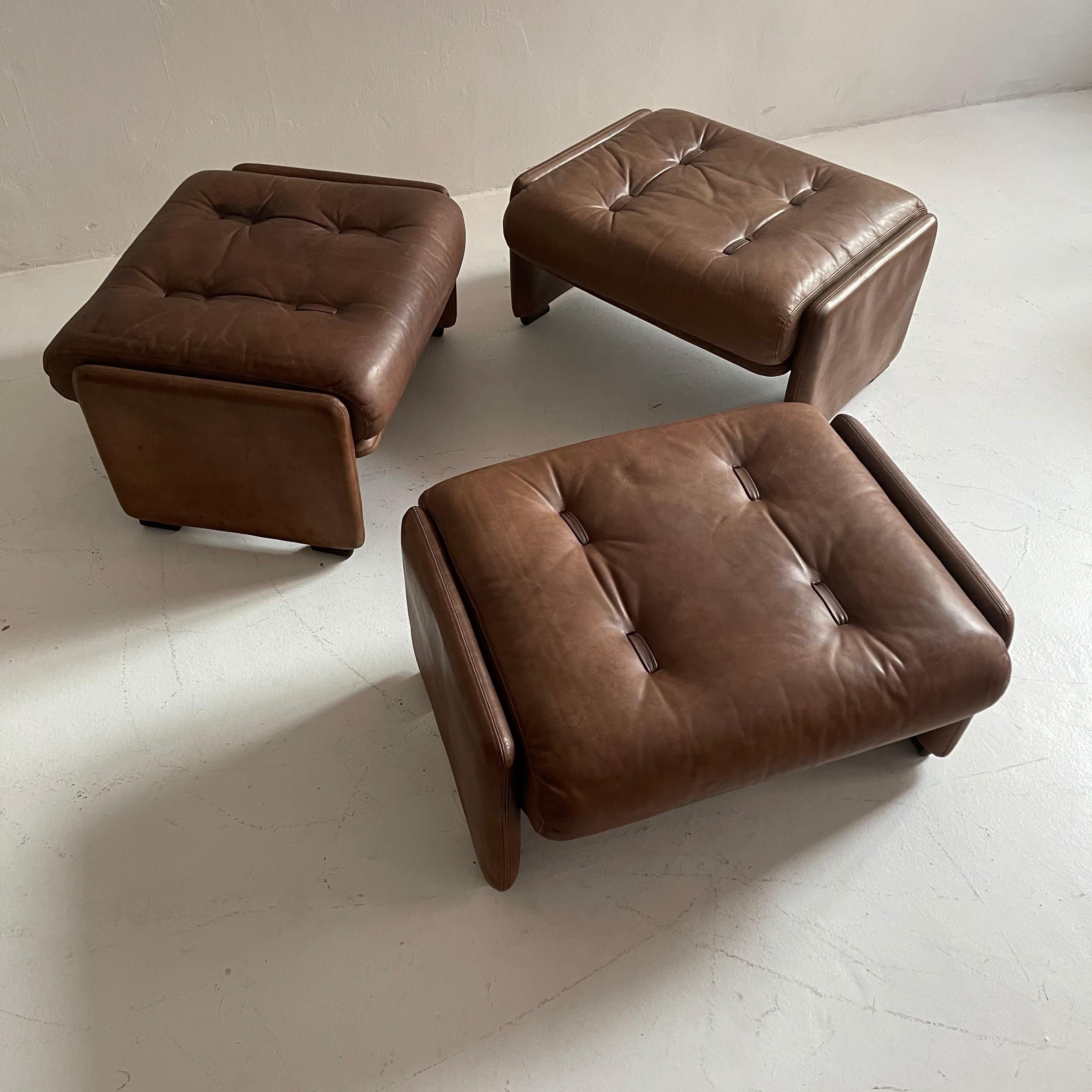 Wittmann Atrium patinated leather ottomans set of three, Austria, 1970s.