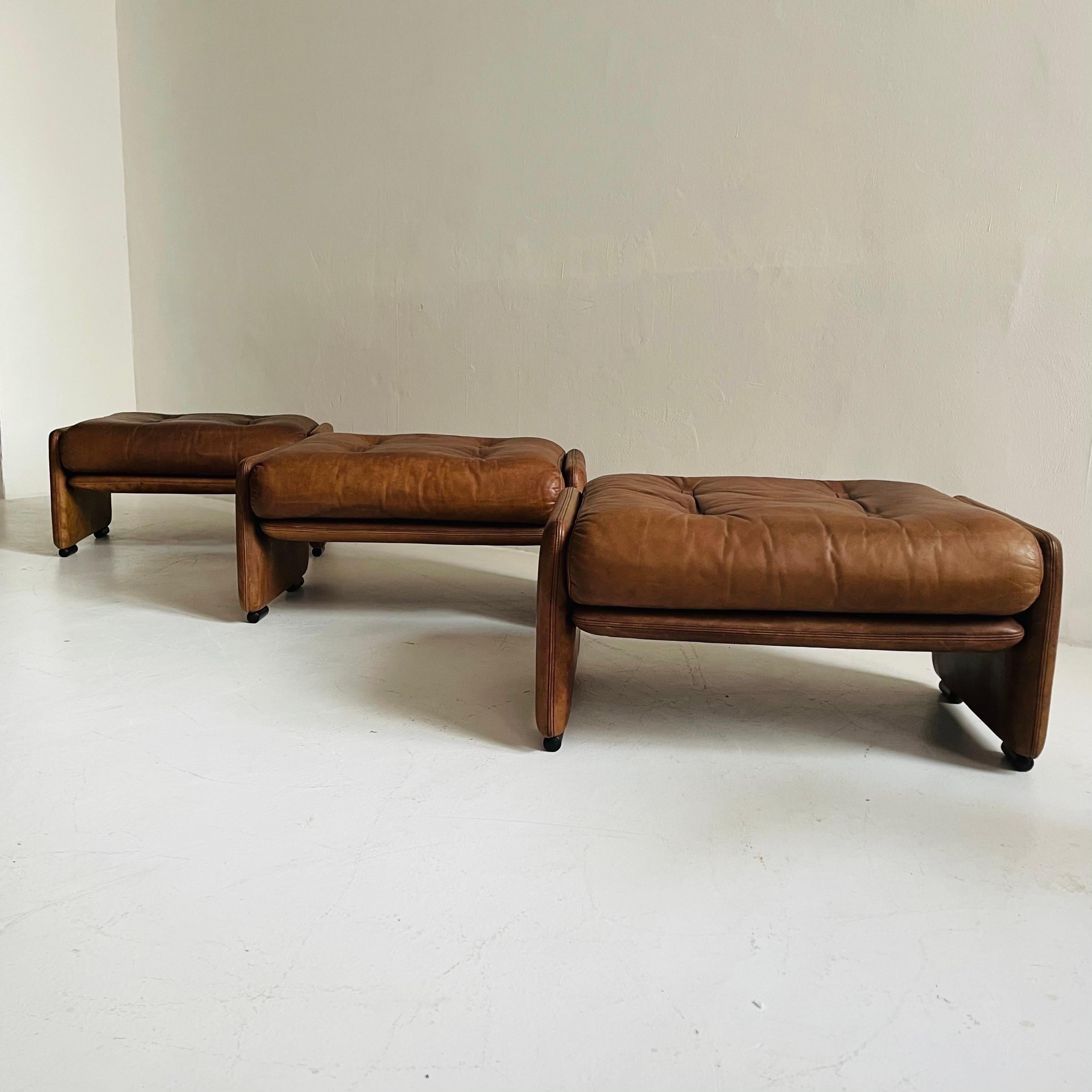 Wittmann Atrium Patinated Leather Ottomans Set of Three, Austria, 1970s For Sale 2