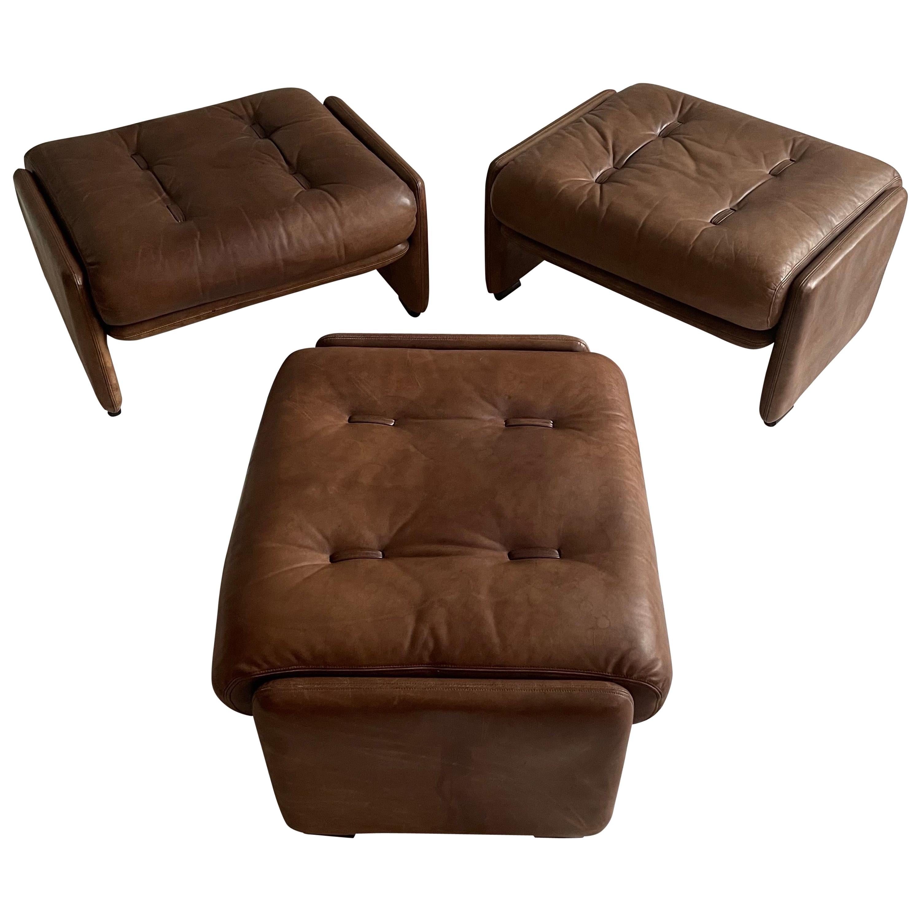 Wittmann Atrium Patinated Leather Ottomans Set of Three, Austria, 1970s