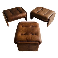 Wittmann Atrium Patinated Leather Ottomans Set of Three, Austria, 1970s