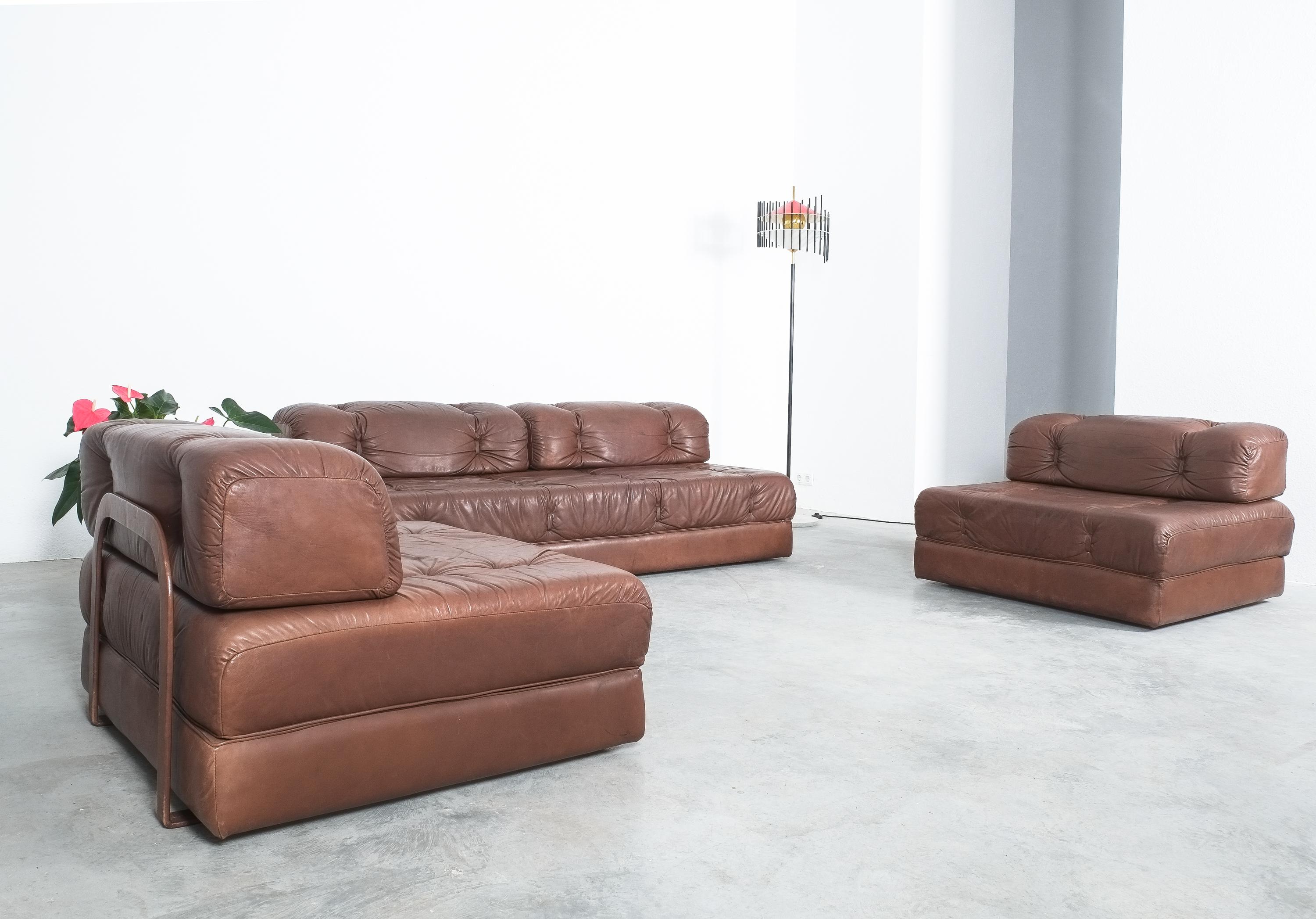 Wittmann Atrium Sofa and Two Chairs Brown Leather, Austria 5