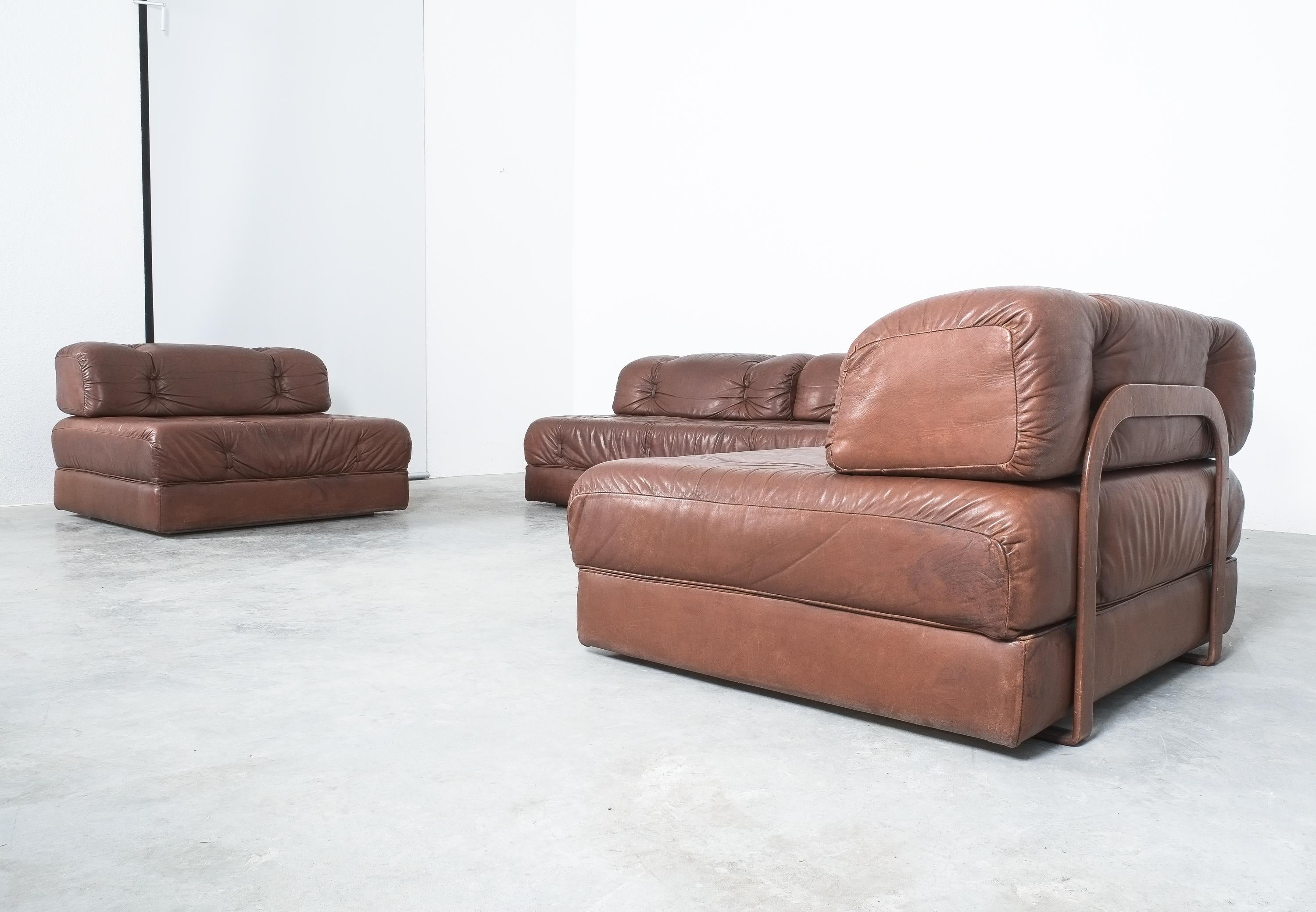 Wittmann Atrium Sofa and Two Chairs Brown Leather, Austria 2