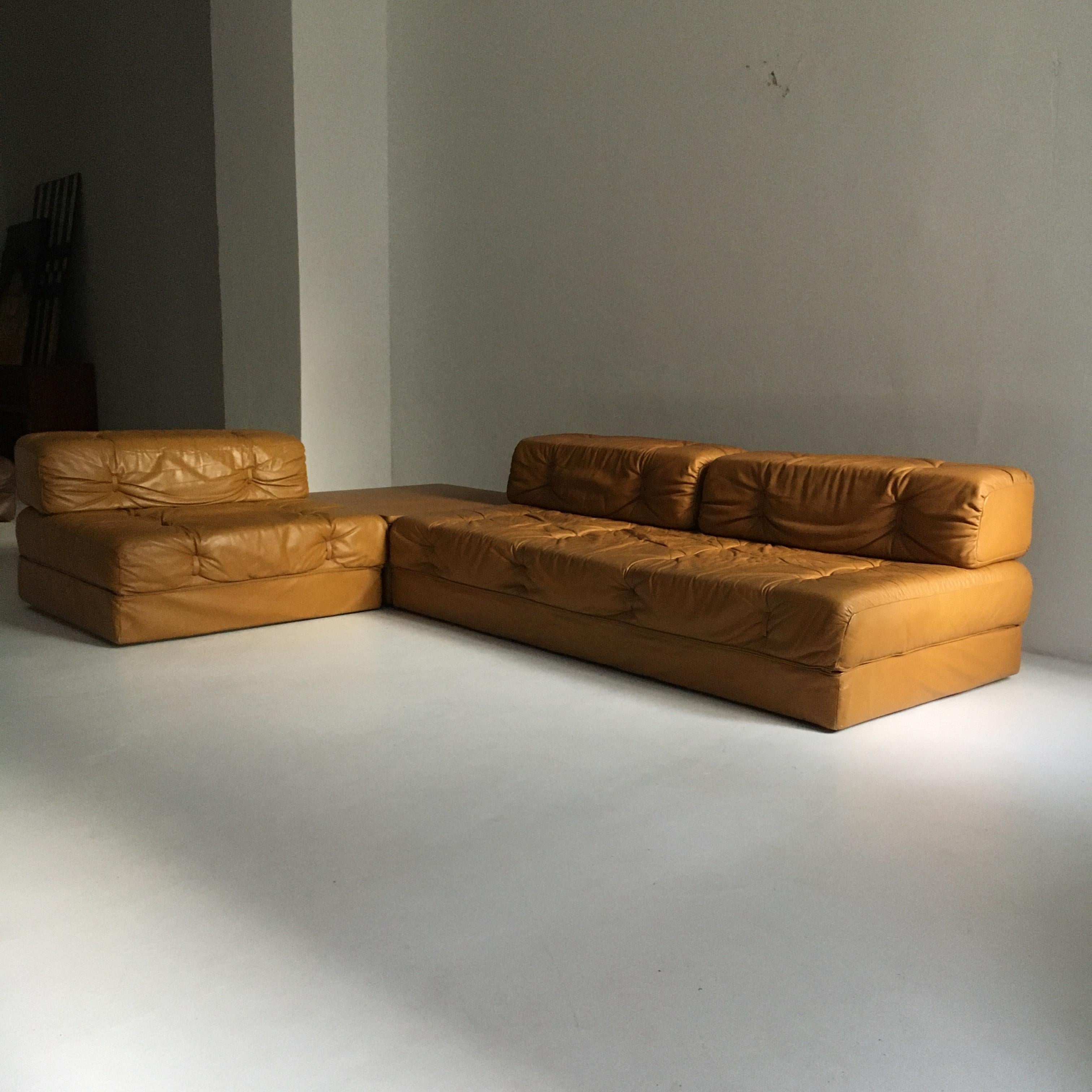 Mid-Century Modern Wittmann Atrium Vintage Cognac Leather Sofa Living Room Suite, Austria, 1970s