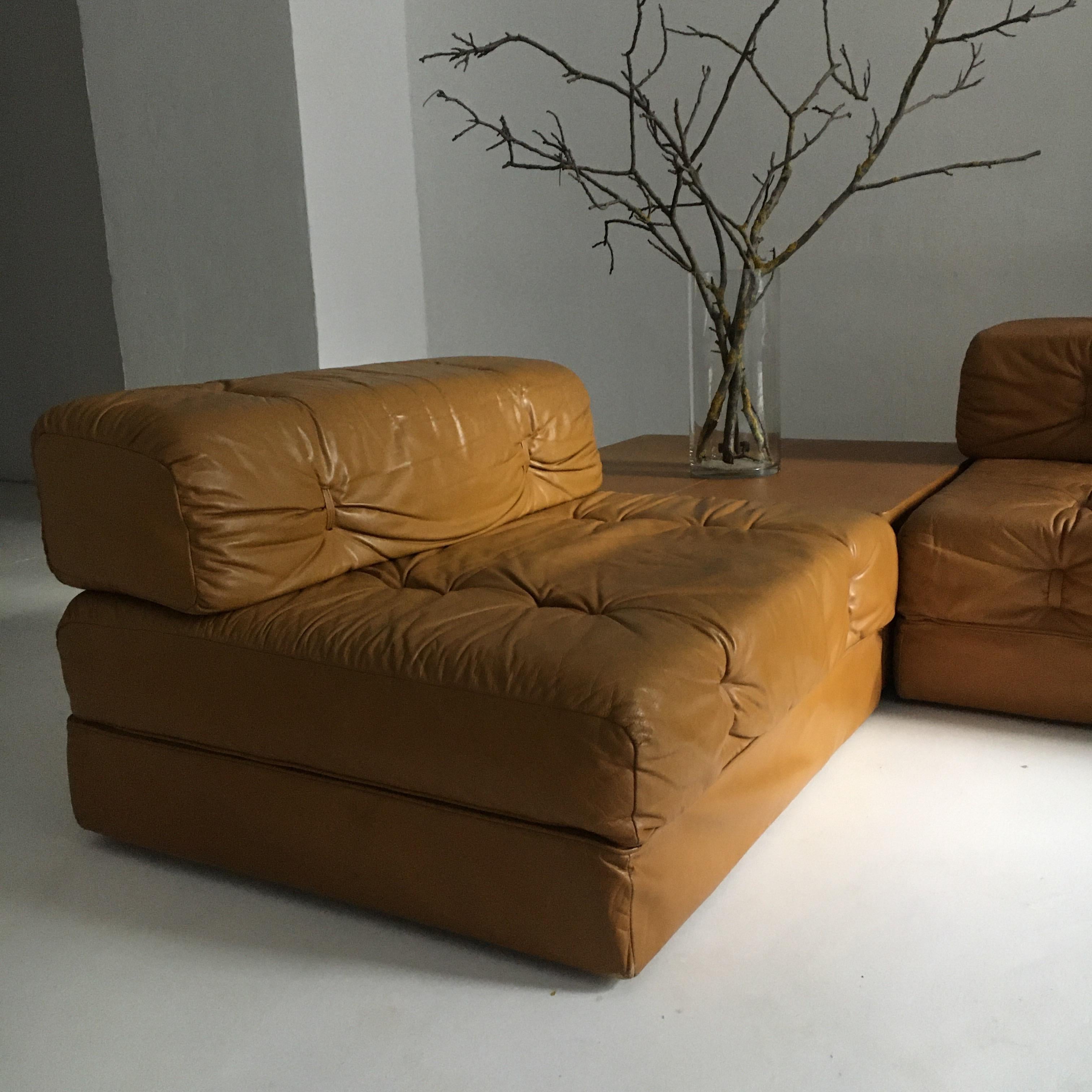 Wittmann Atrium Vintage Cognac Leather Sofa Living Room Suite, Austria, 1970s 1