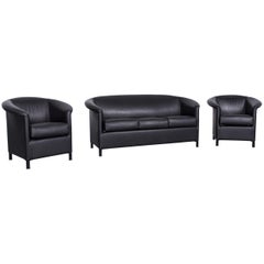 Wittmann Aura Designer Leather Sofa Armchair Set Black Two-Seat Couch