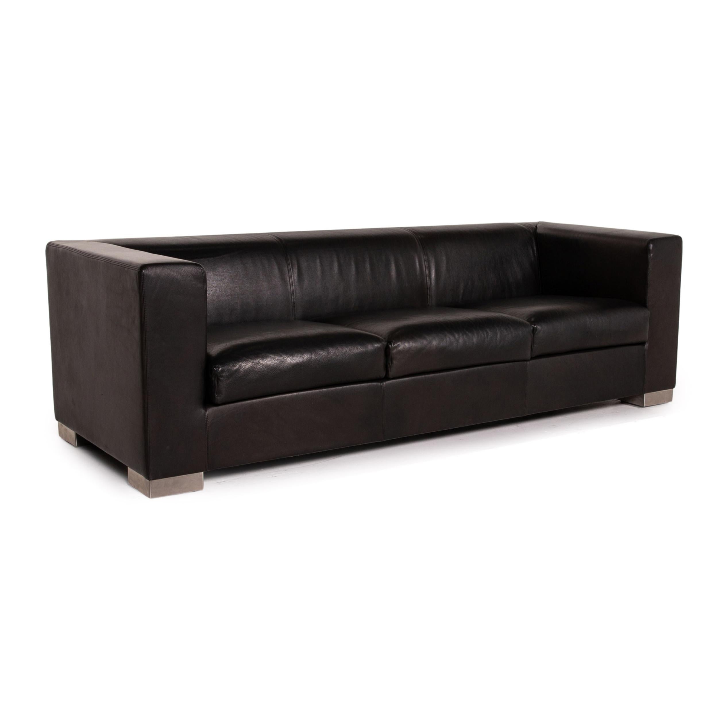 Wittmann Camin Leather Sofa Black Three-Seater Couch In Good Condition In Cologne, DE