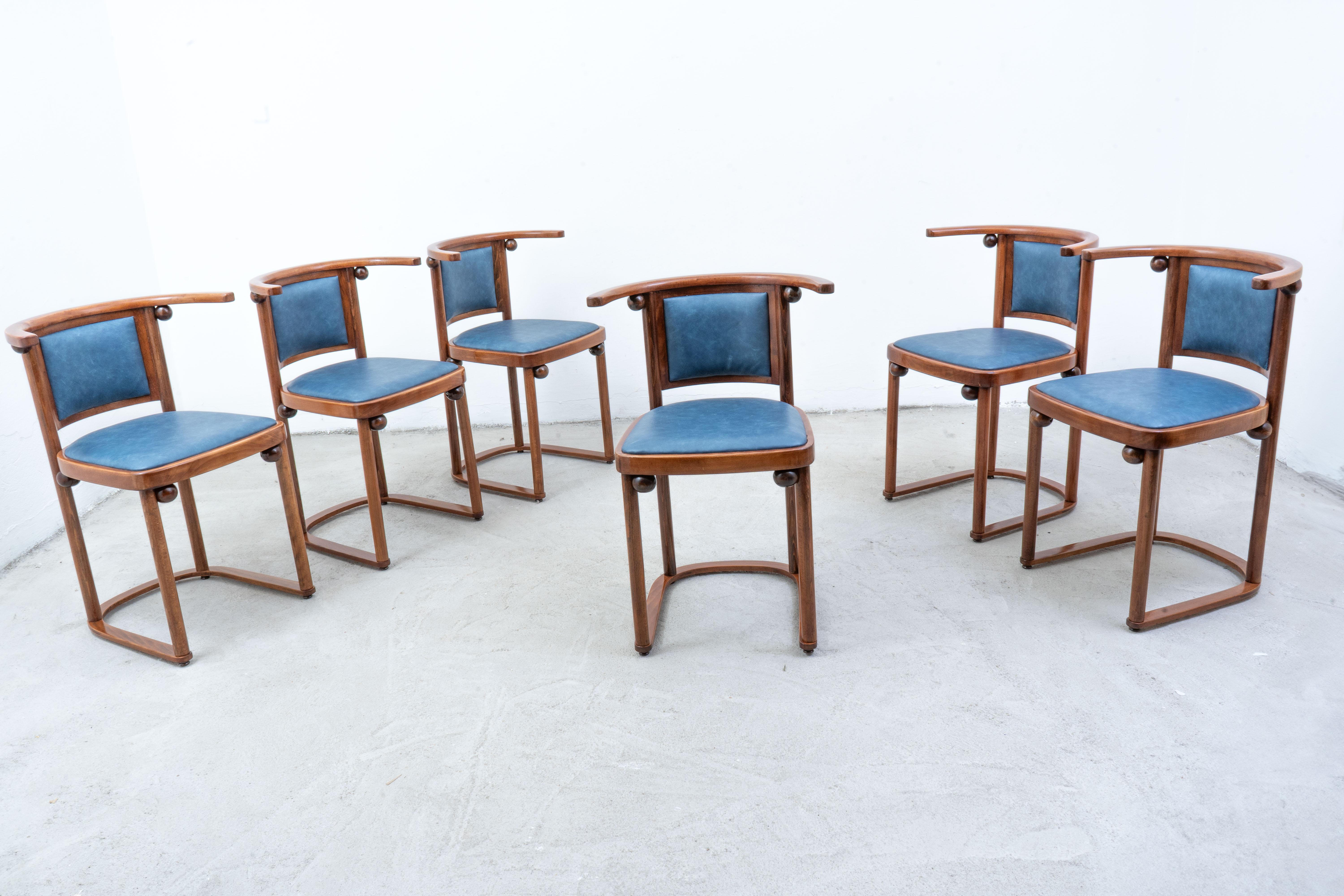 This remarkable set of six Fledermaus chairs, designed by the visionary Austrian architect Josef Hoffmann in the early 1900s and masterfully crafted by Wittmann, represents a pinnacle of Wiener Werkstätte design. These chairs, in good condition,